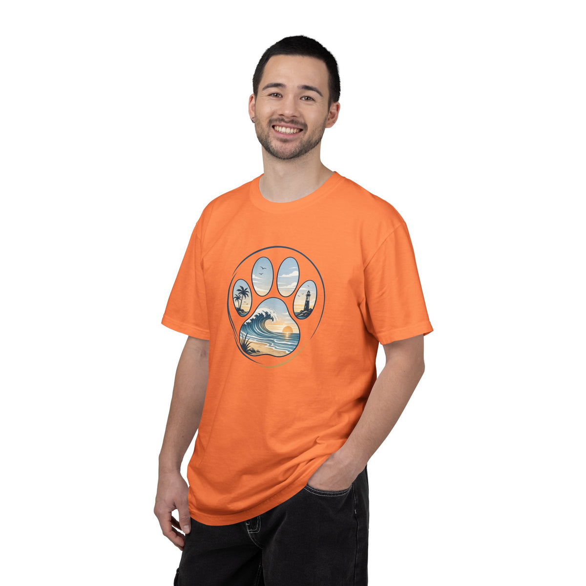 Ocean Paw Surf T-Shirt — Beach Sunset Paw Print Tee