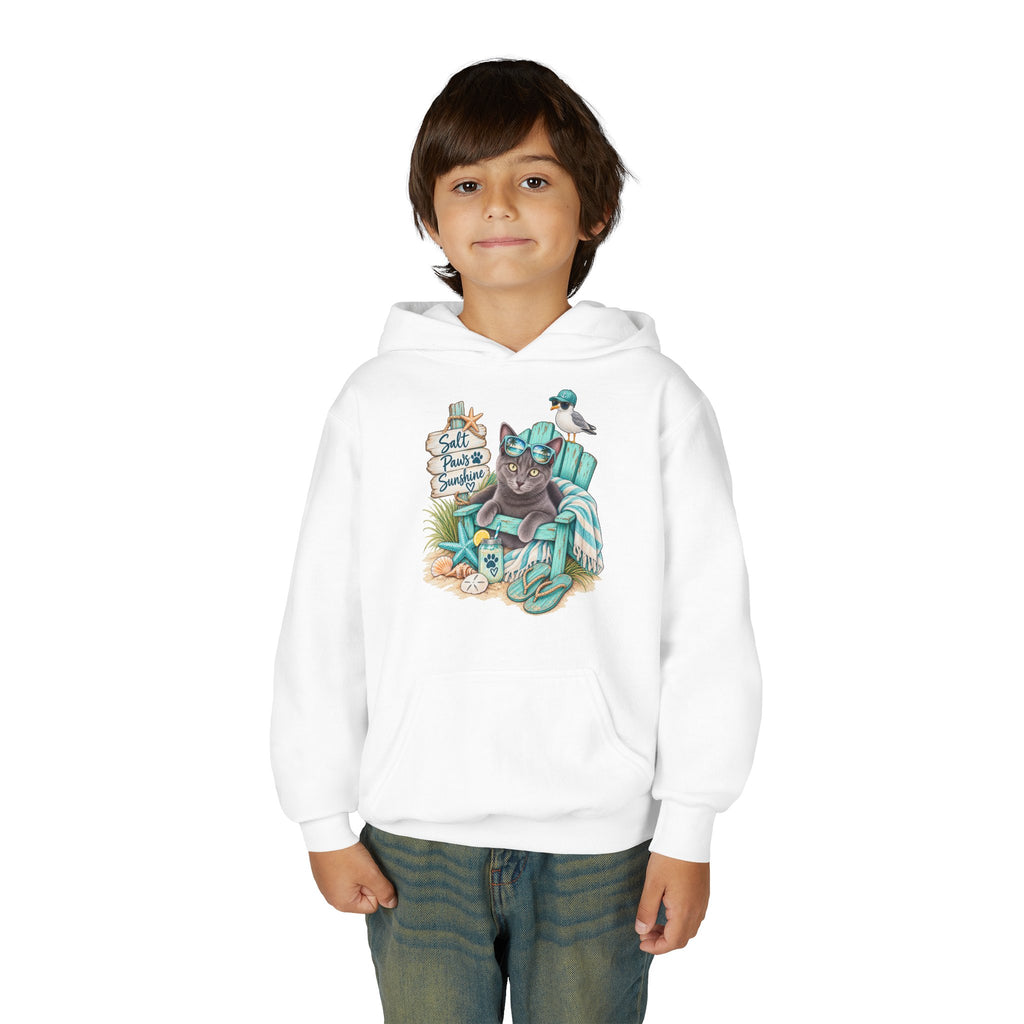 Youth Hoodie — "Sea Side Nap" Cat Beach Graphic Sweatshirt