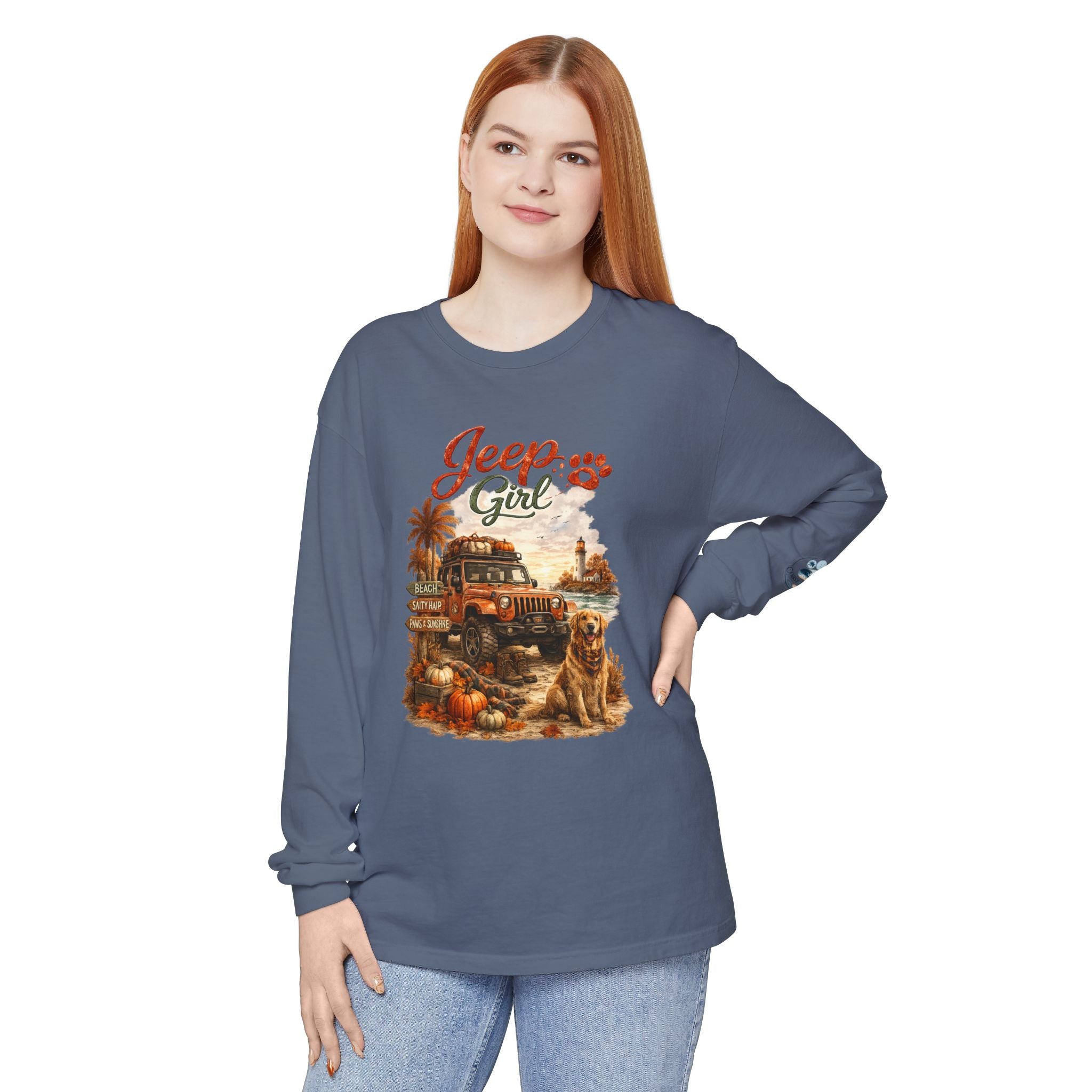 Jeep Girl Long Sleeve Tee — Fall Adventure Pumpkins & Dog Graphic