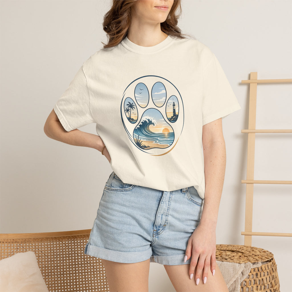 Ocean Paw Surf T-Shirt — Beach Sunset Paw Print Tee
