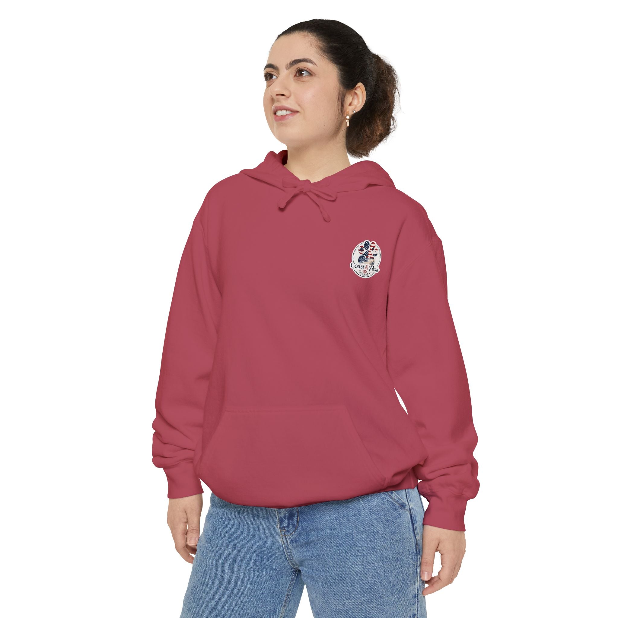 Patriotic Signature Coast & Paws Hoodie — Small Left-Chest Graphic, Cozy Casual Pullover