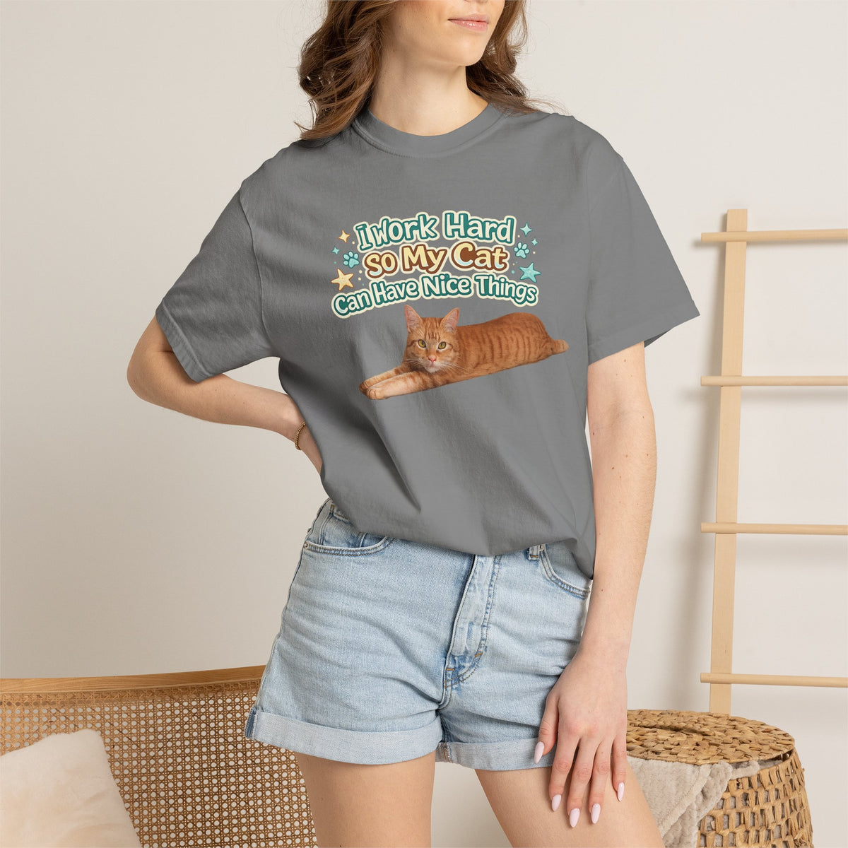 Cat Lover T-Shirt — "I Work Hard So My Cat Can Have Nice Things" Graphic Tee