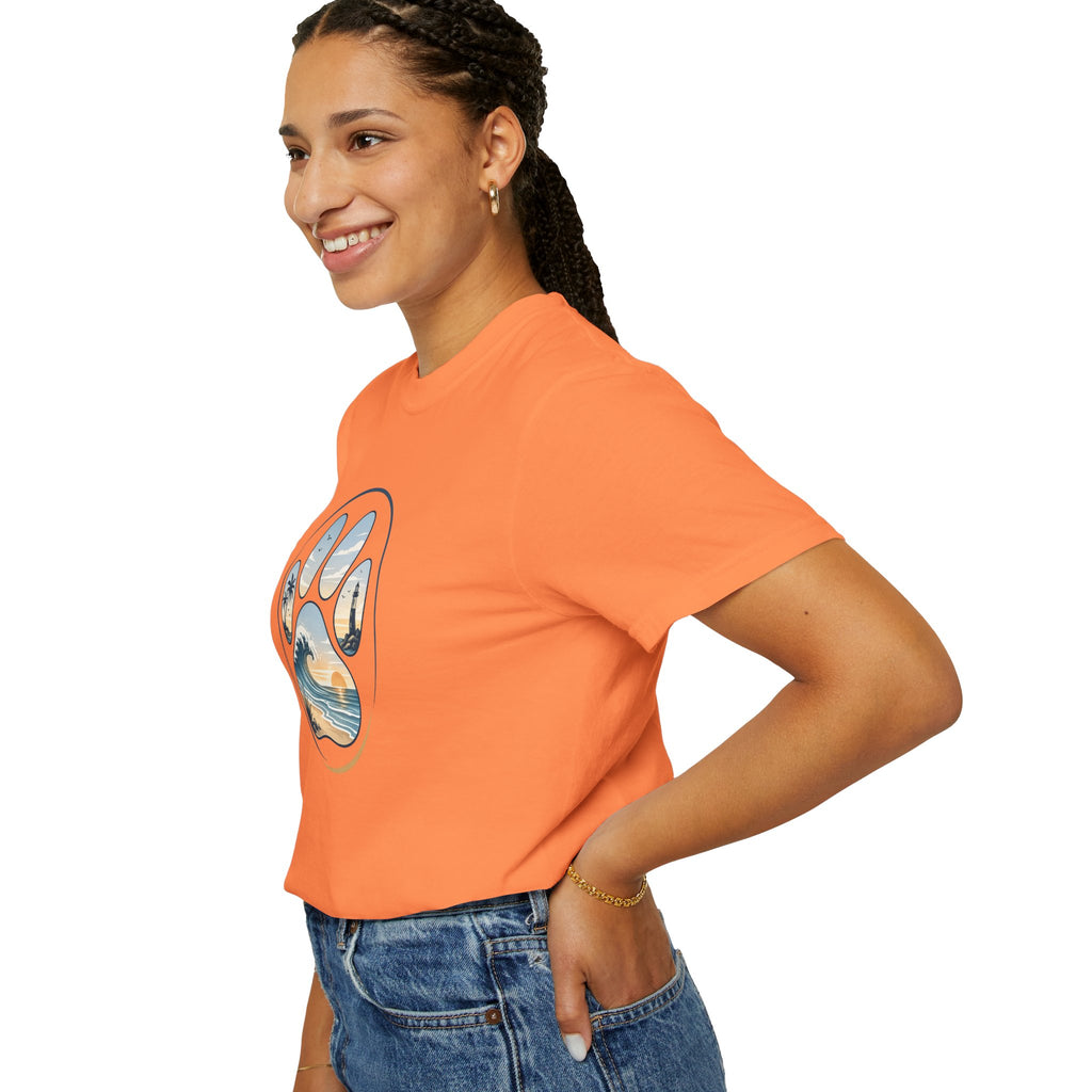 Ocean Paw Surf T-Shirt — Beach Sunset Paw Print Tee