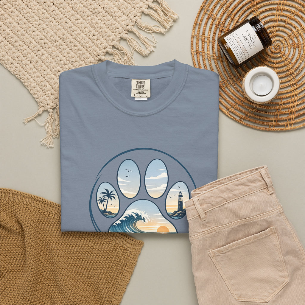 Ocean Paw Surf T-Shirt — Beach Sunset Paw Print Tee
