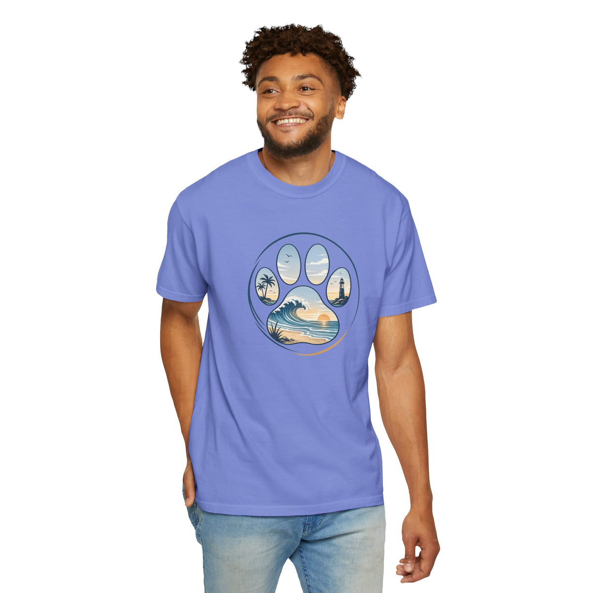 Ocean Paw Surf T-Shirt — Beach Sunset Paw Print Tee