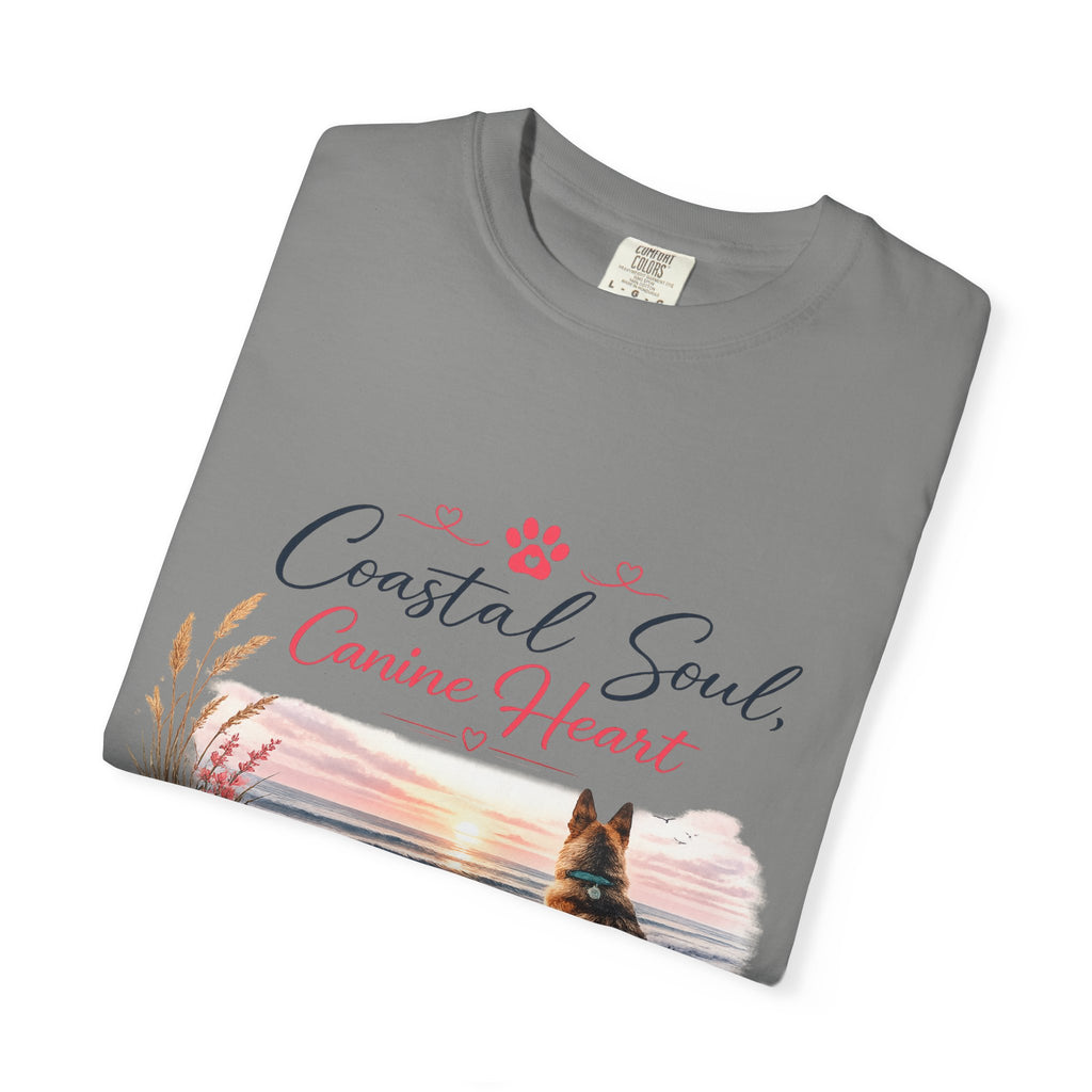 Coastal Soul Canine Heart T-shirt | Beach Dog Sunset Design