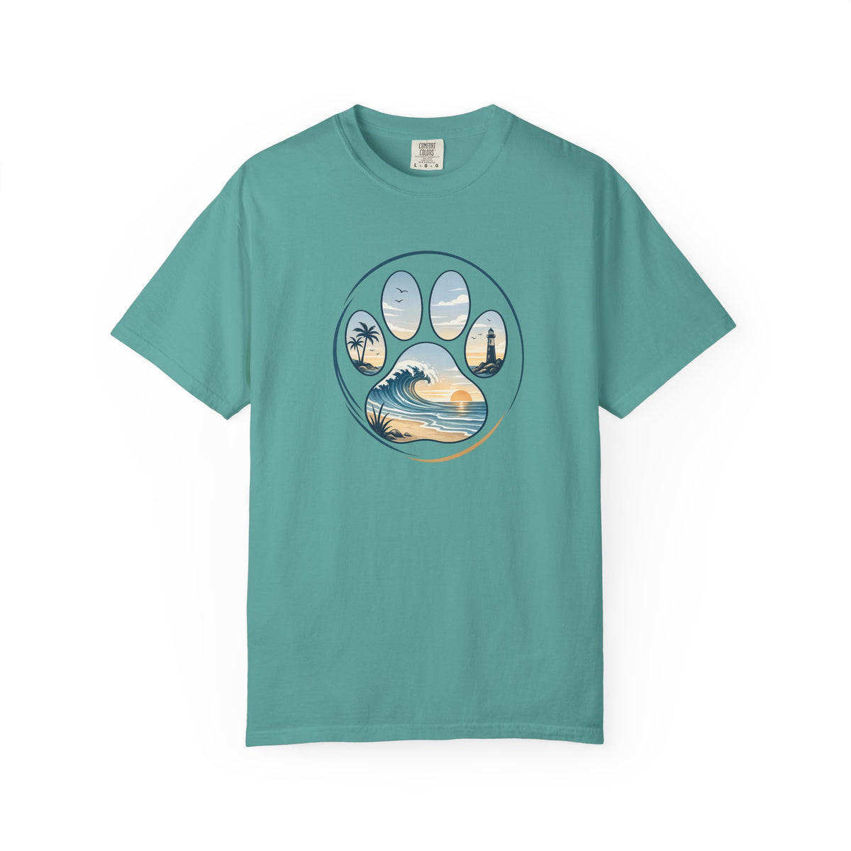 Ocean Paw Surf T-Shirt — Beach Sunset Paw Print Tee
