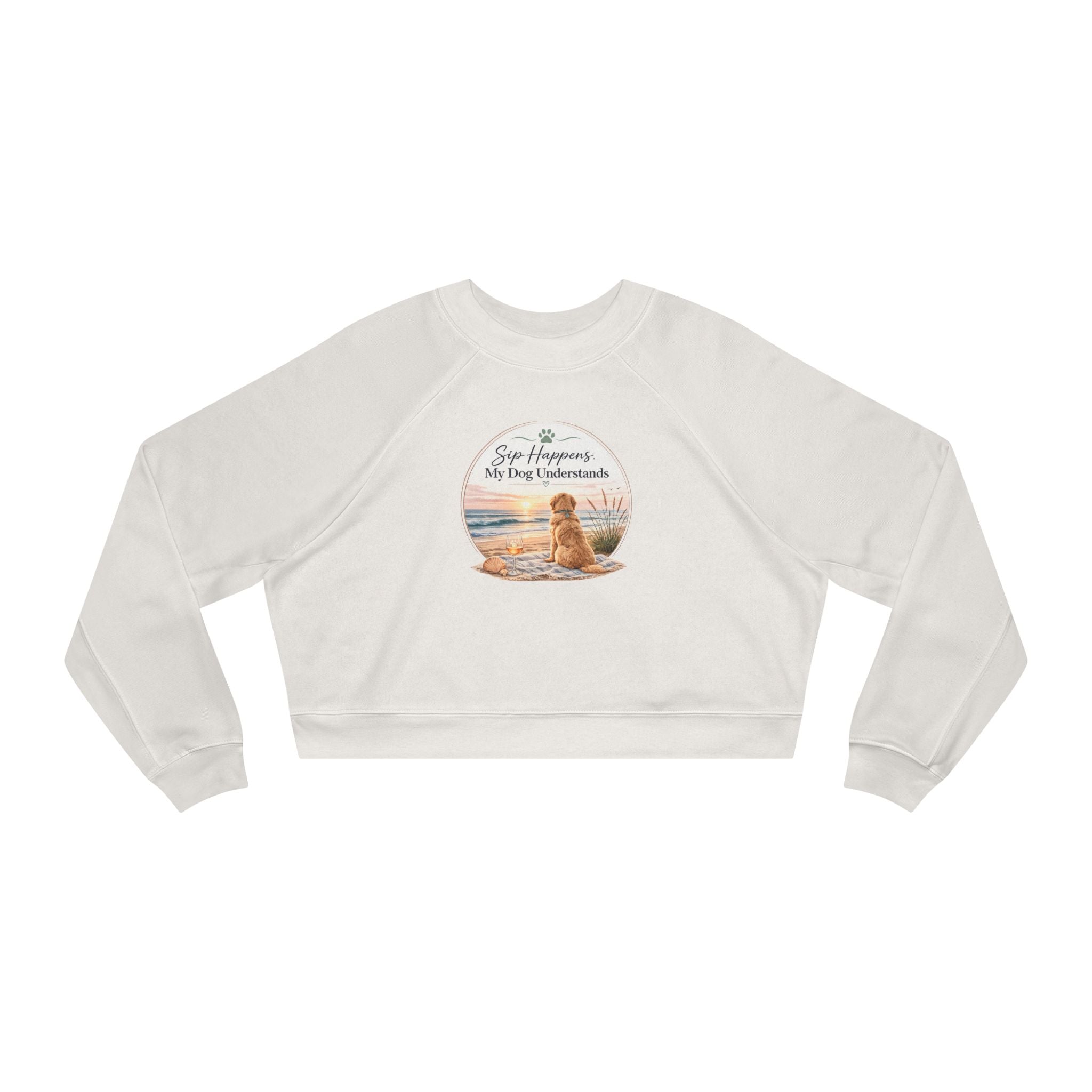 Cropped Pullover – Golden Retriever Beach "Sip Happens My Dog Understands" Graphic