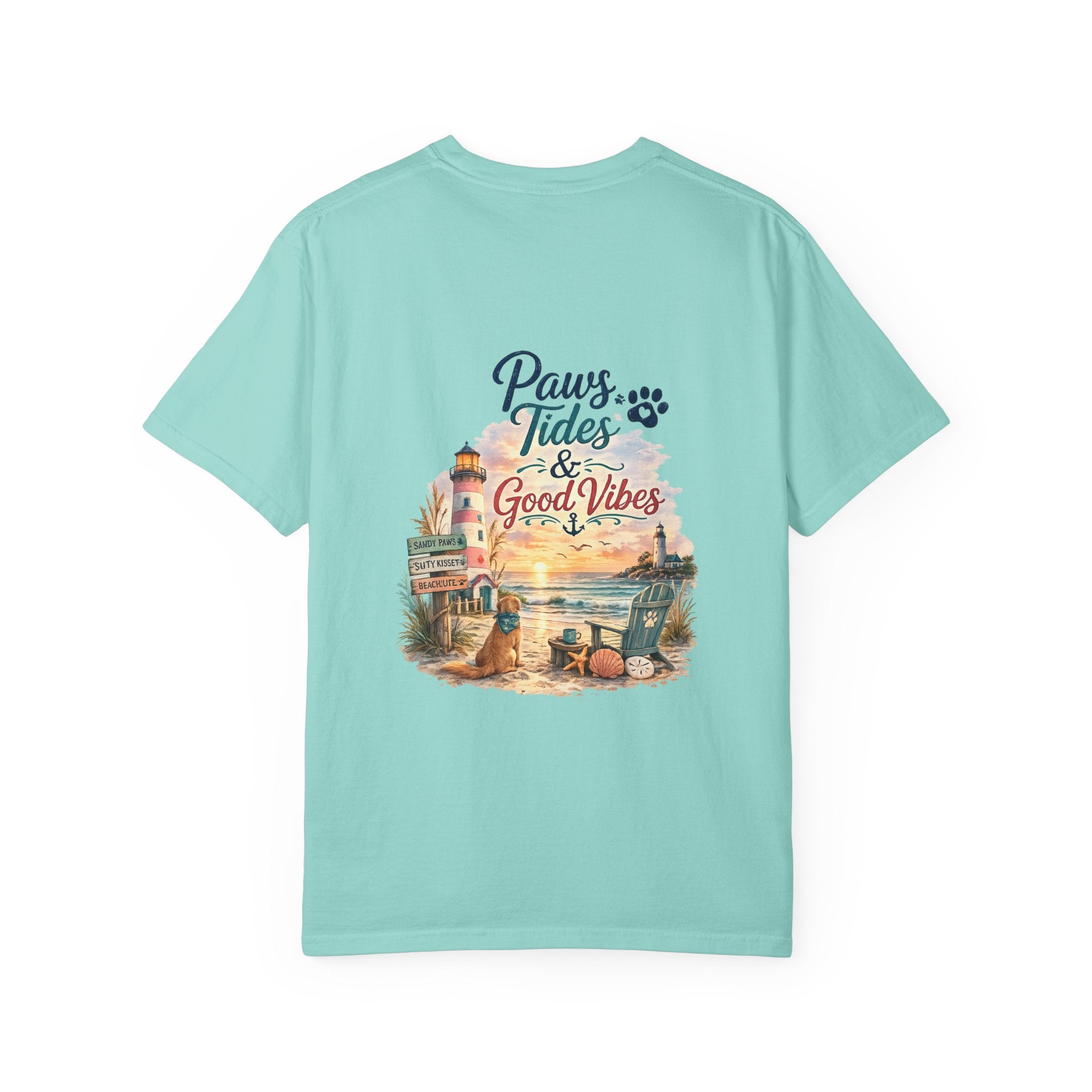 Paws Tides & Good Vibes T-Shirt | Beach Dog Paw Print Coastal Scene