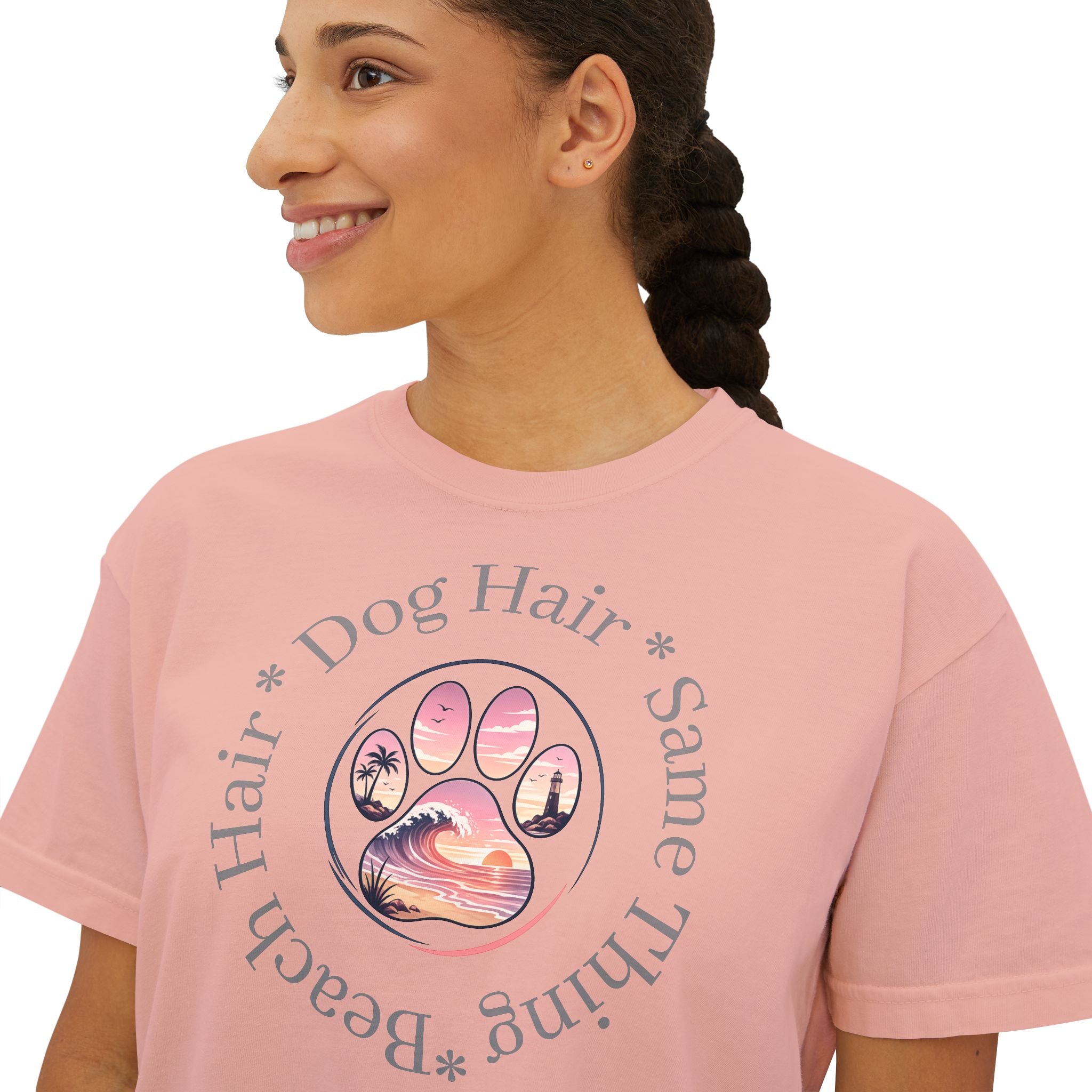 Boxy Tee "Beach Hair, Dog Hair, Same Thing" Paw Graphic