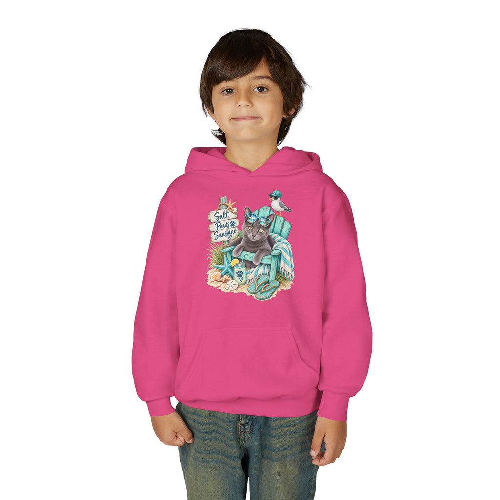 Youth Hoodie — "Sea Side Nap" Cat Beach Graphic Sweatshirt