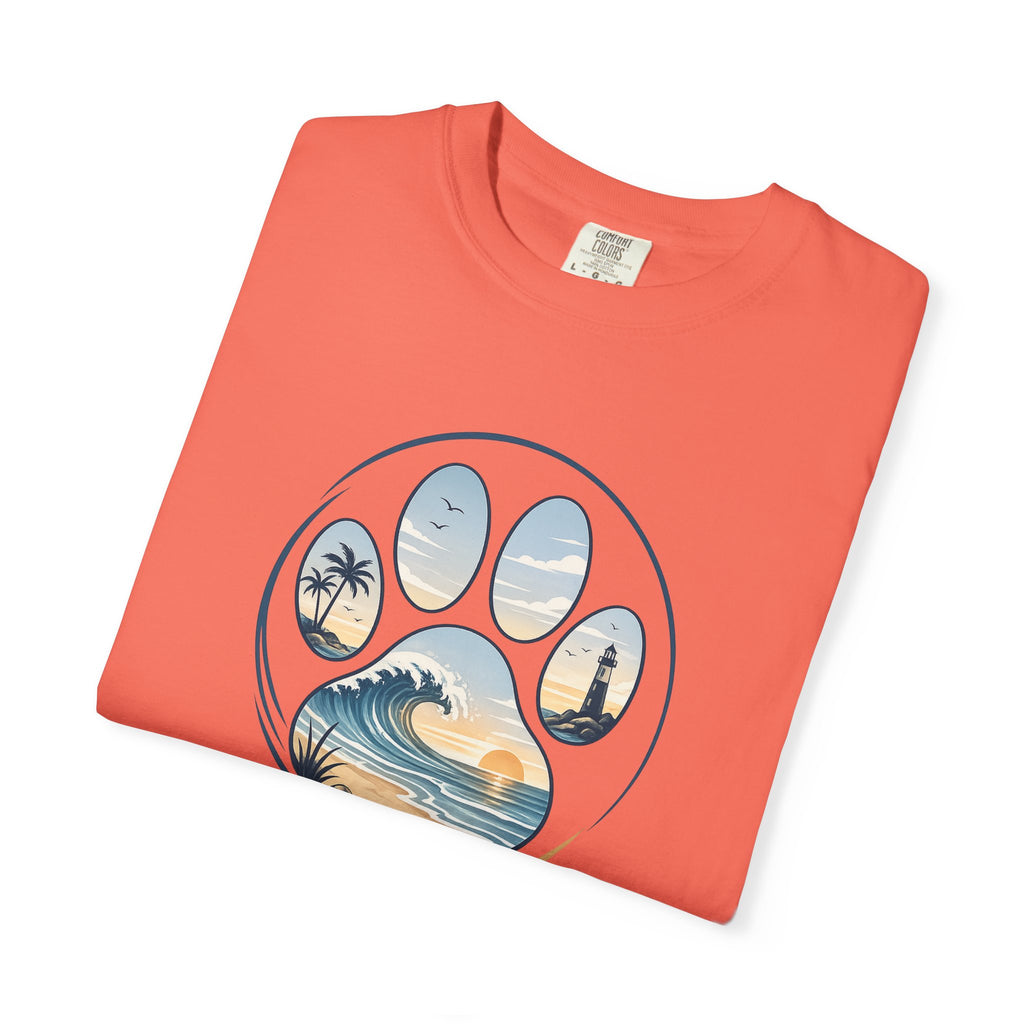 Ocean Paw Surf T-Shirt — Beach Sunset Paw Print Tee