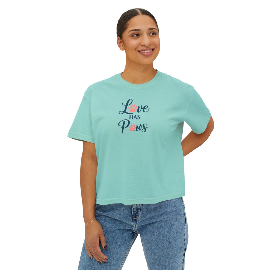 Love Has Paws Boxy Tee — Women’s Cute Cat & Dog Paw Comfort Colors Graphic Shirt