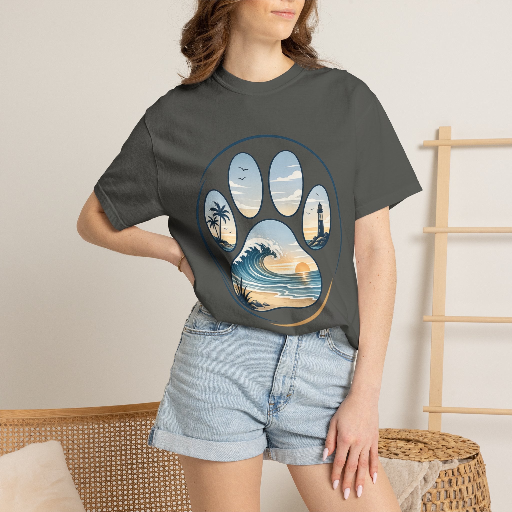 Ocean Paw Surf T-Shirt — Beach Sunset Paw Print Tee