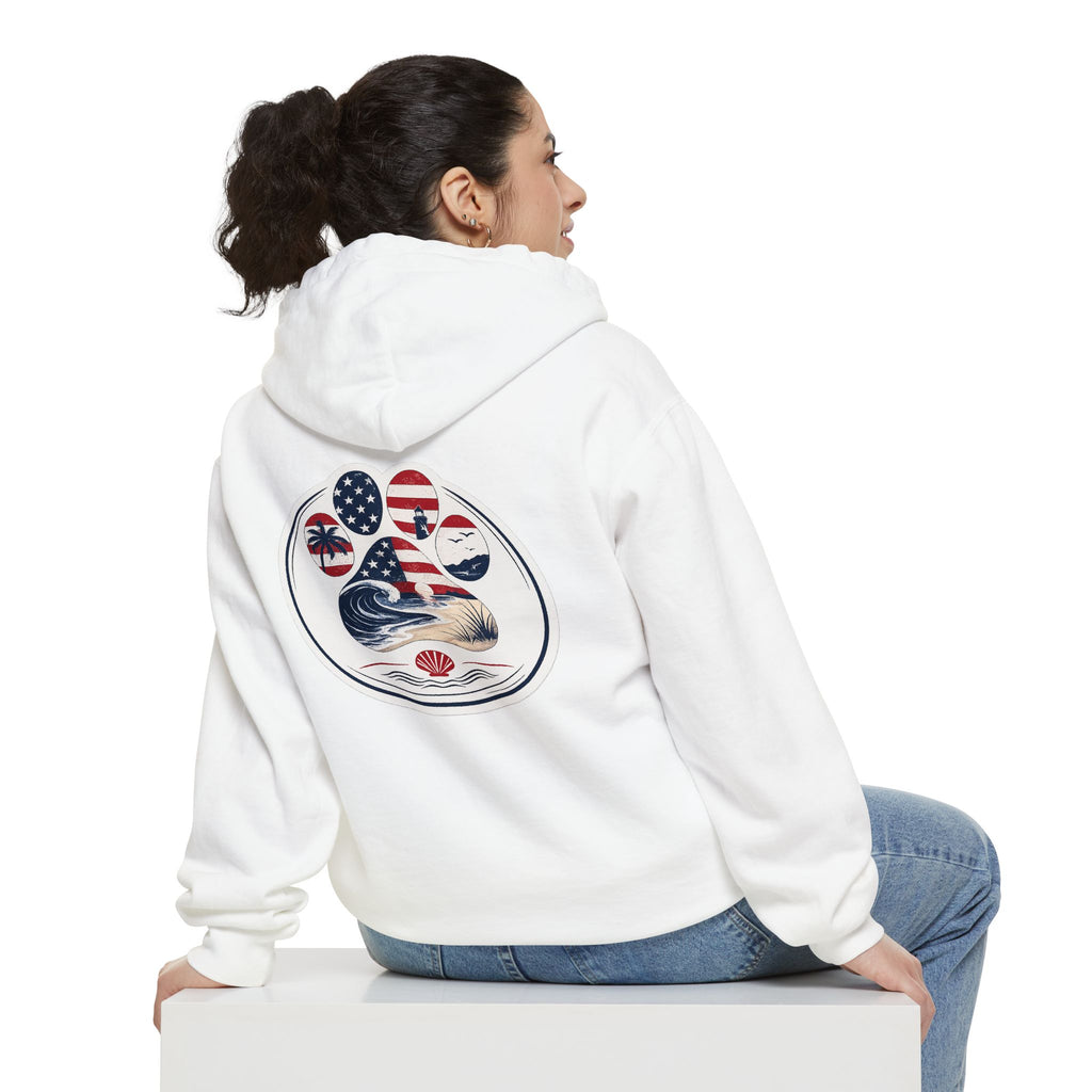 Patriotic Signature Coast & Paws Hoodie — Small Left-Chest Graphic, Cozy Casual Pullover
