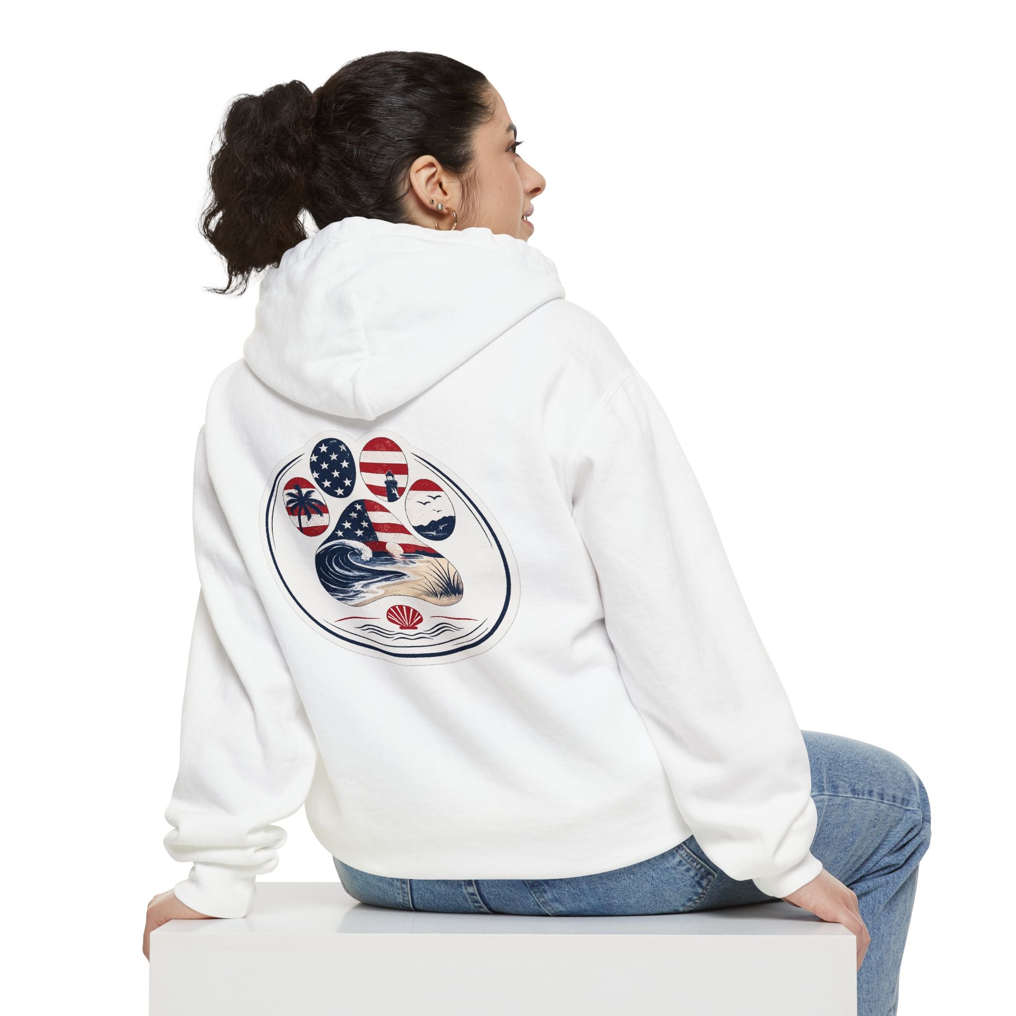 Patriotic Signature Coast & Paws Hoodie — Small Left-Chest Graphic, Cozy Casual Pullover