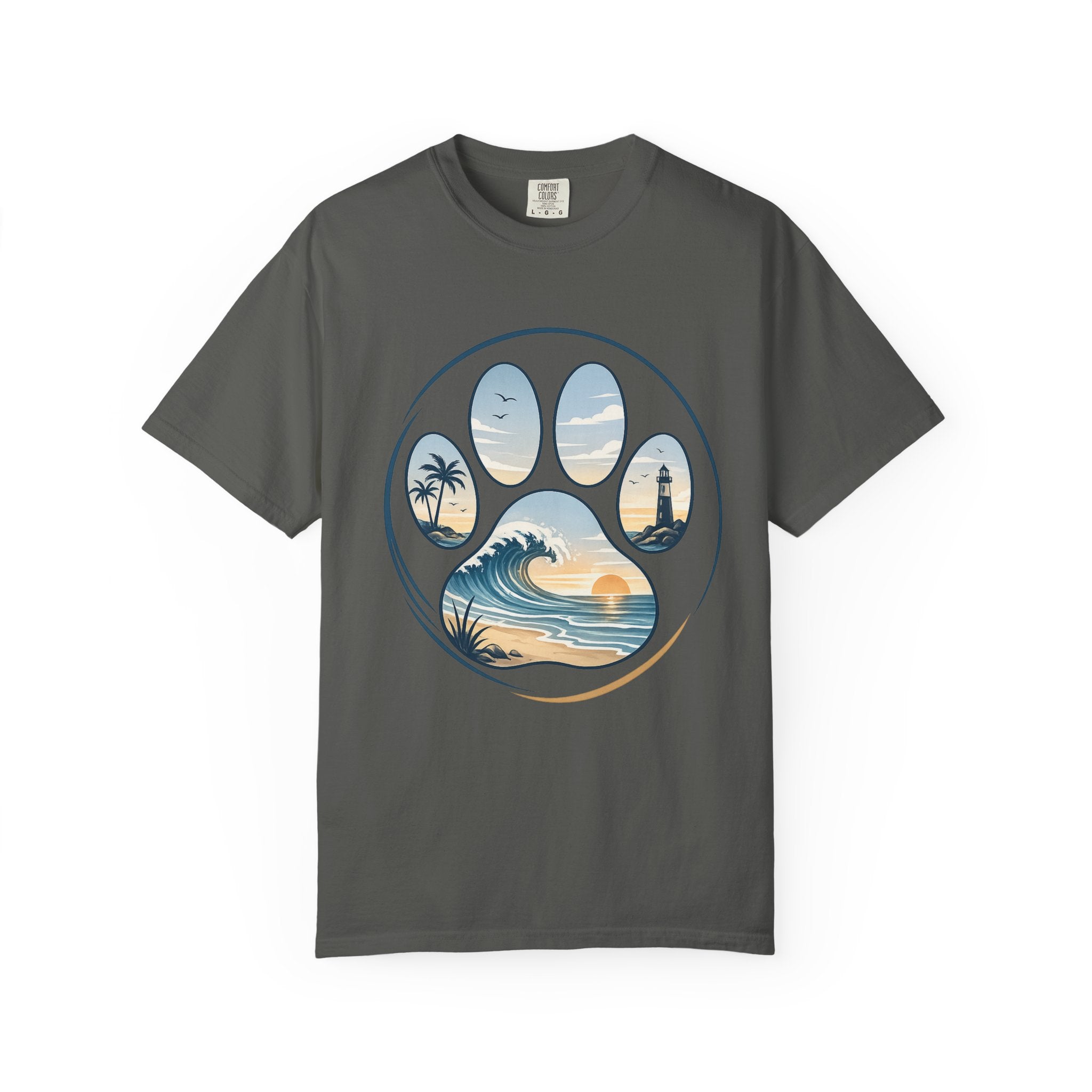 Ocean Paw Surf T-Shirt — Beach Sunset Paw Print Tee