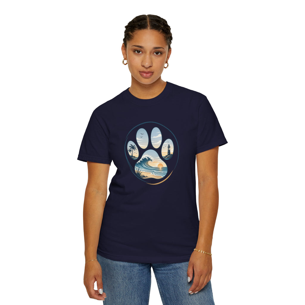 Ocean Paw Surf T-Shirt — Beach Sunset Paw Print Tee