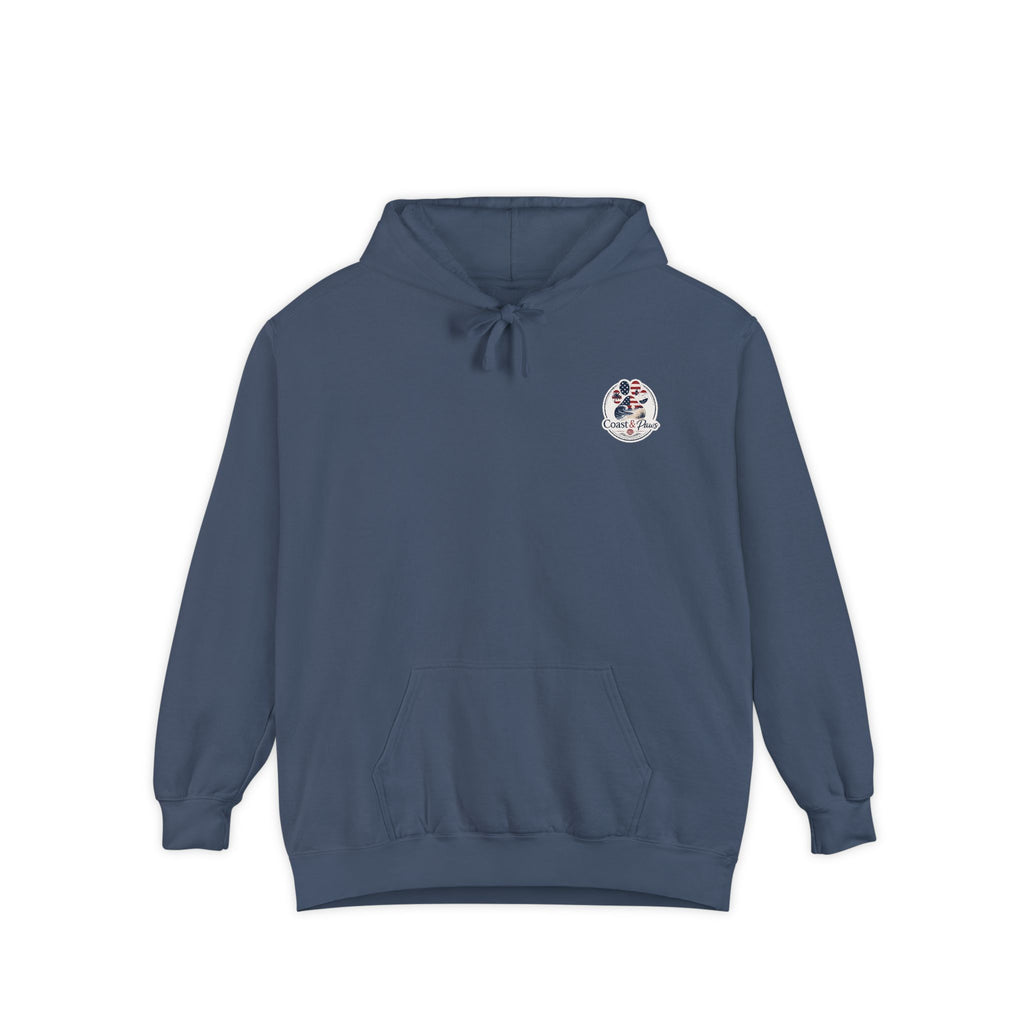 Patriotic Signature Coast & Paws Hoodie — Small Left-Chest Graphic, Cozy Casual Pullover