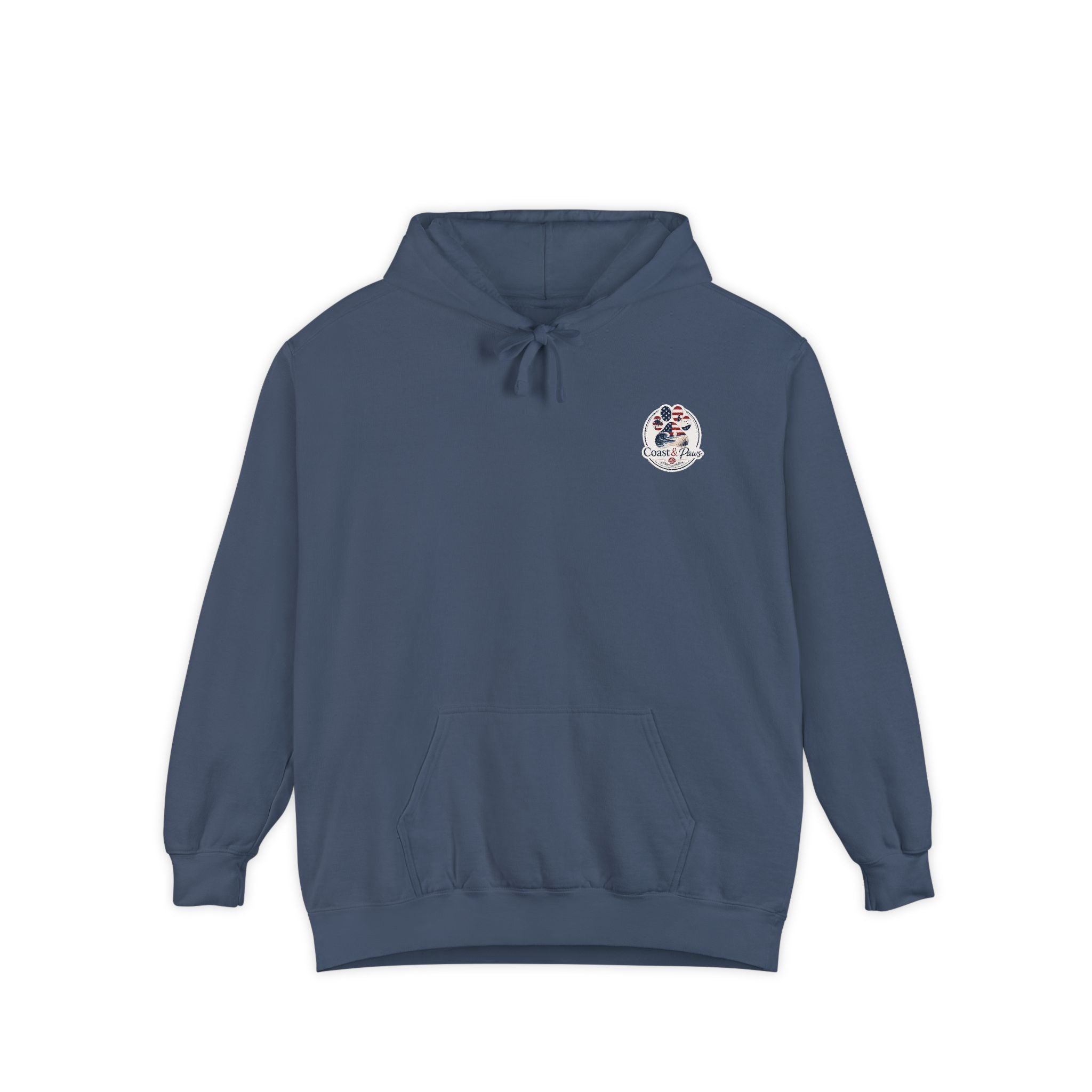Patriotic Signature Coast & Paws Hoodie — Small Left-Chest Graphic, Cozy Casual Pullover