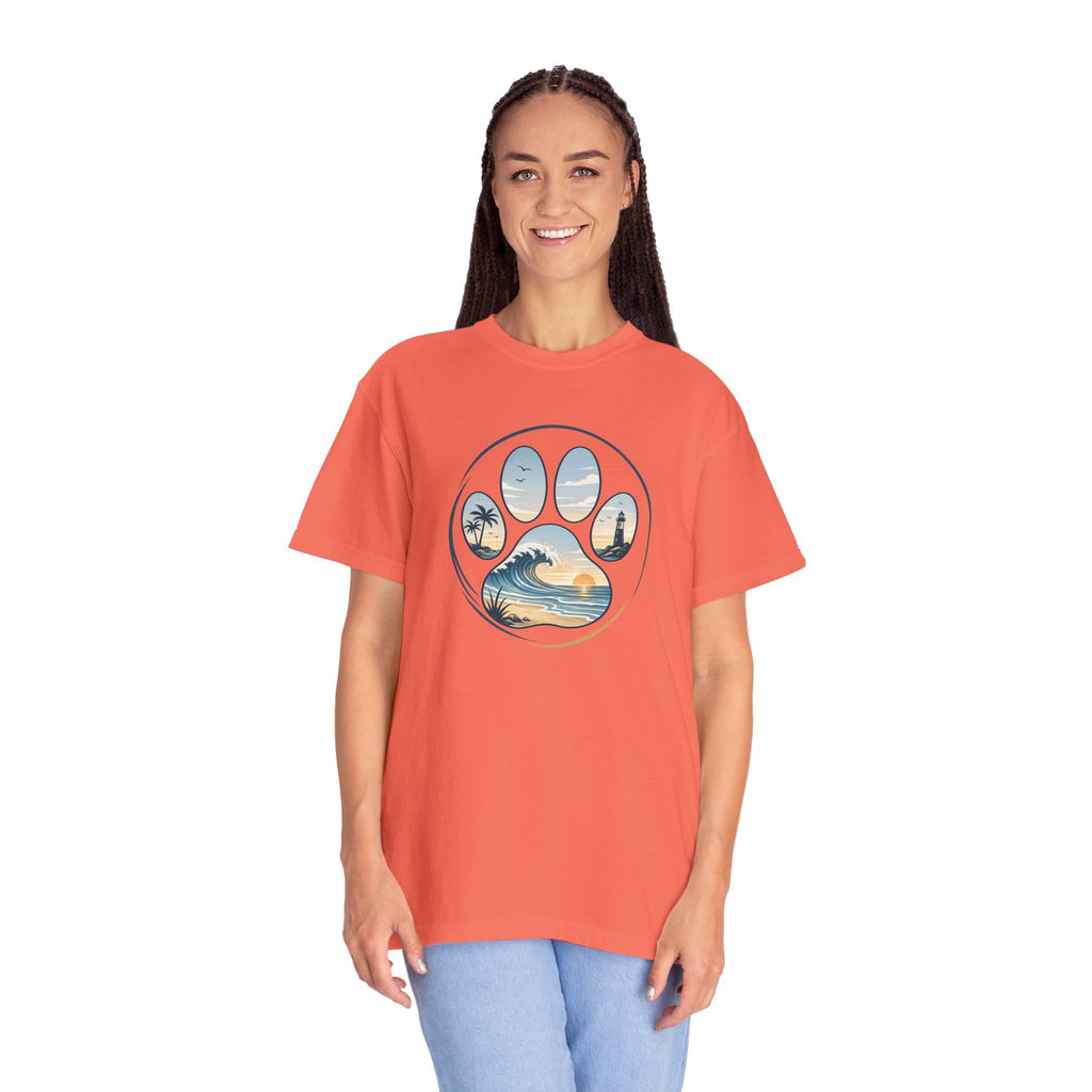 Ocean Paw Surf T-Shirt — Beach Sunset Paw Print Tee