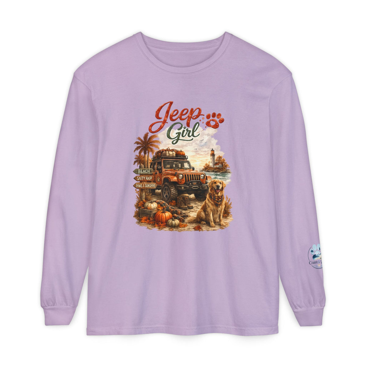 Jeep Girl Long Sleeve Tee — Fall Adventure Pumpkins & Dog Graphic