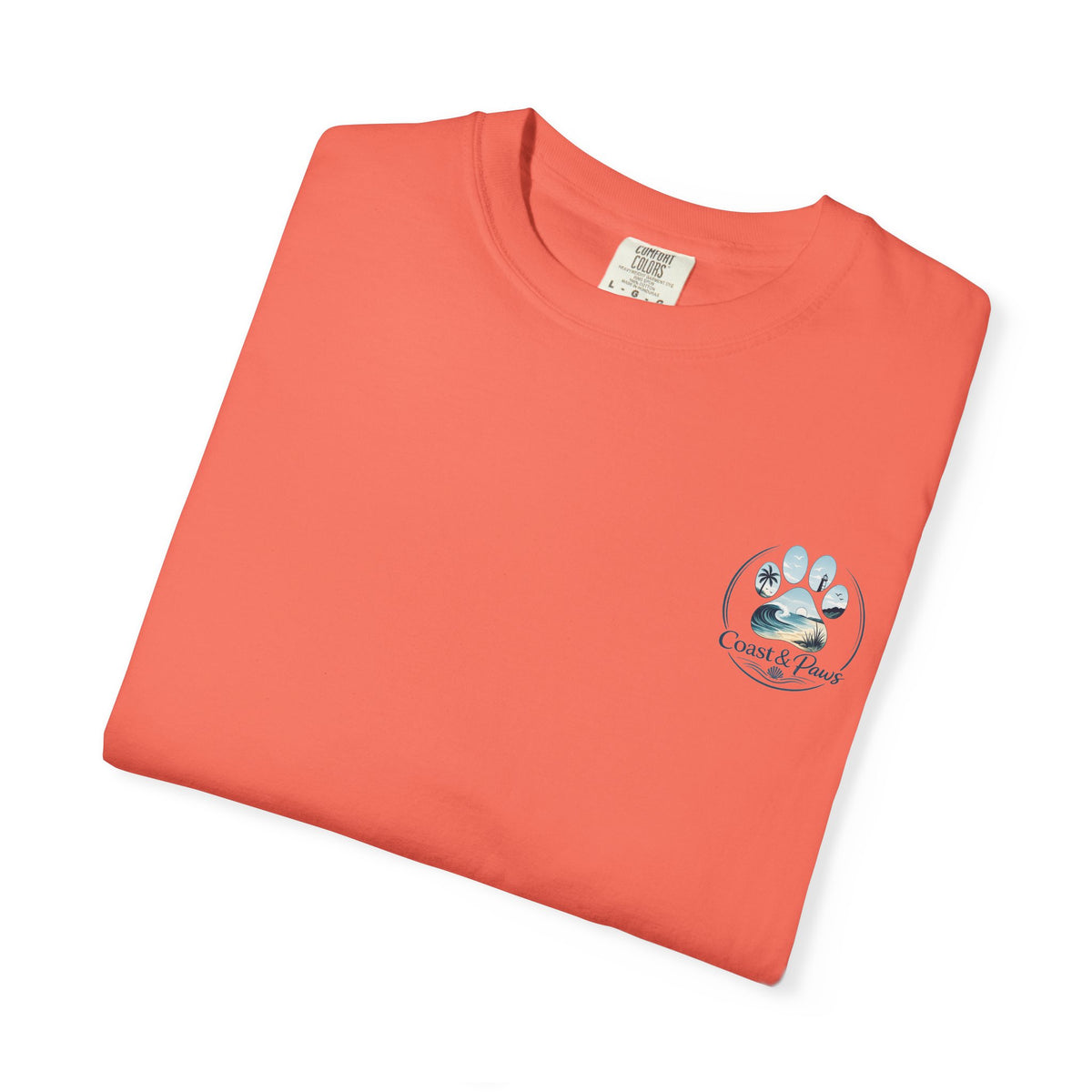 Paws Tides & Good Vibes T-Shirt | Beach Dog Paw Print Coastal Scene