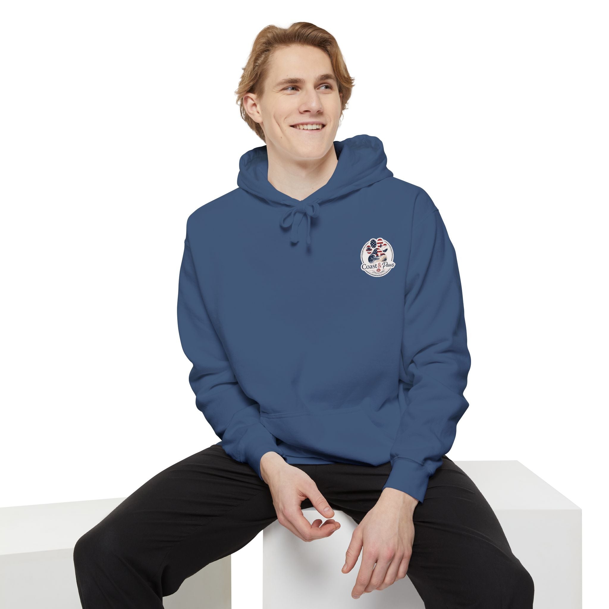 Patriotic Signature Coast & Paws Hoodie — Small Left-Chest Graphic, Cozy Casual Pullover