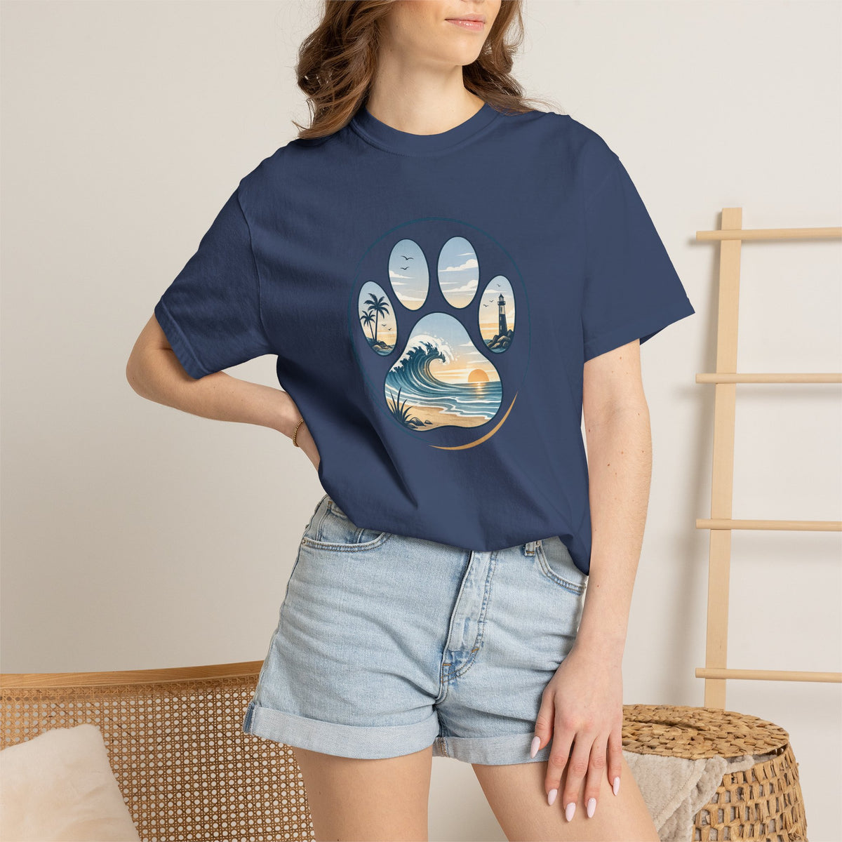 Ocean Paw Surf T-Shirt — Beach Sunset Paw Print Tee