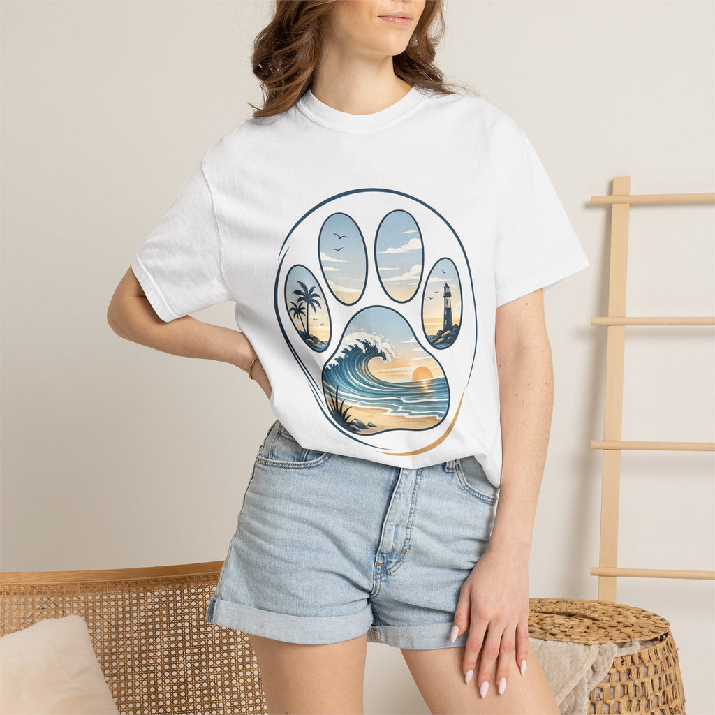 Ocean Paw Surf T-Shirt — Beach Sunset Paw Print Tee
