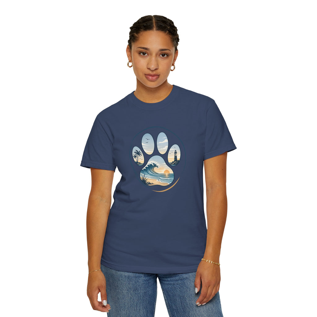 Ocean Paw Surf T-Shirt — Beach Sunset Paw Print Tee