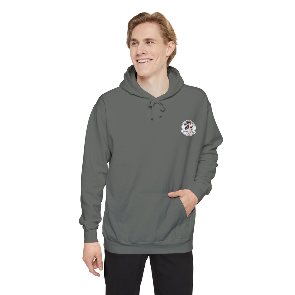 Patriotic Signature Coast & Paws Hoodie — Small Left-Chest Graphic, Cozy Casual Pullover
