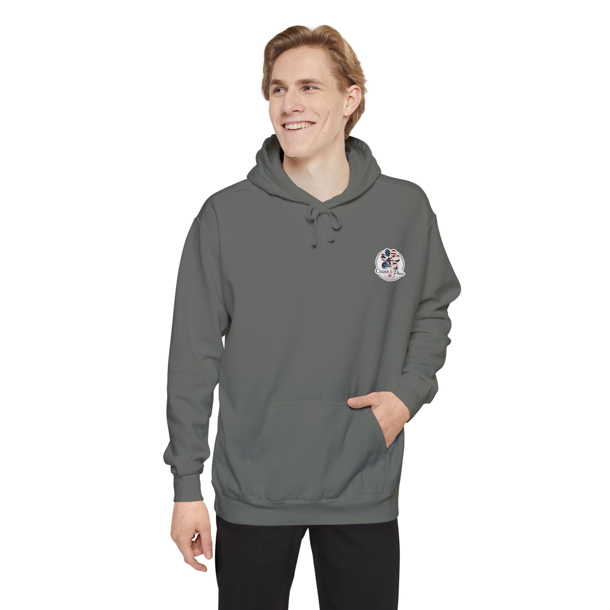 Patriotic Signature Coast & Paws Hoodie — Small Left-Chest Graphic, Cozy Casual Pullover