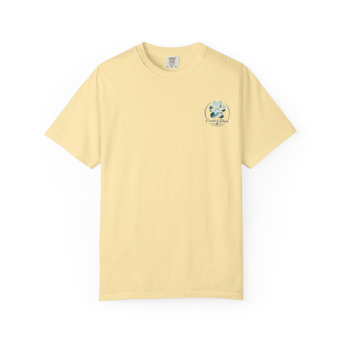 Paws Tides & Good Vibes T-Shirt | Beach Dog Paw Print Coastal Scene