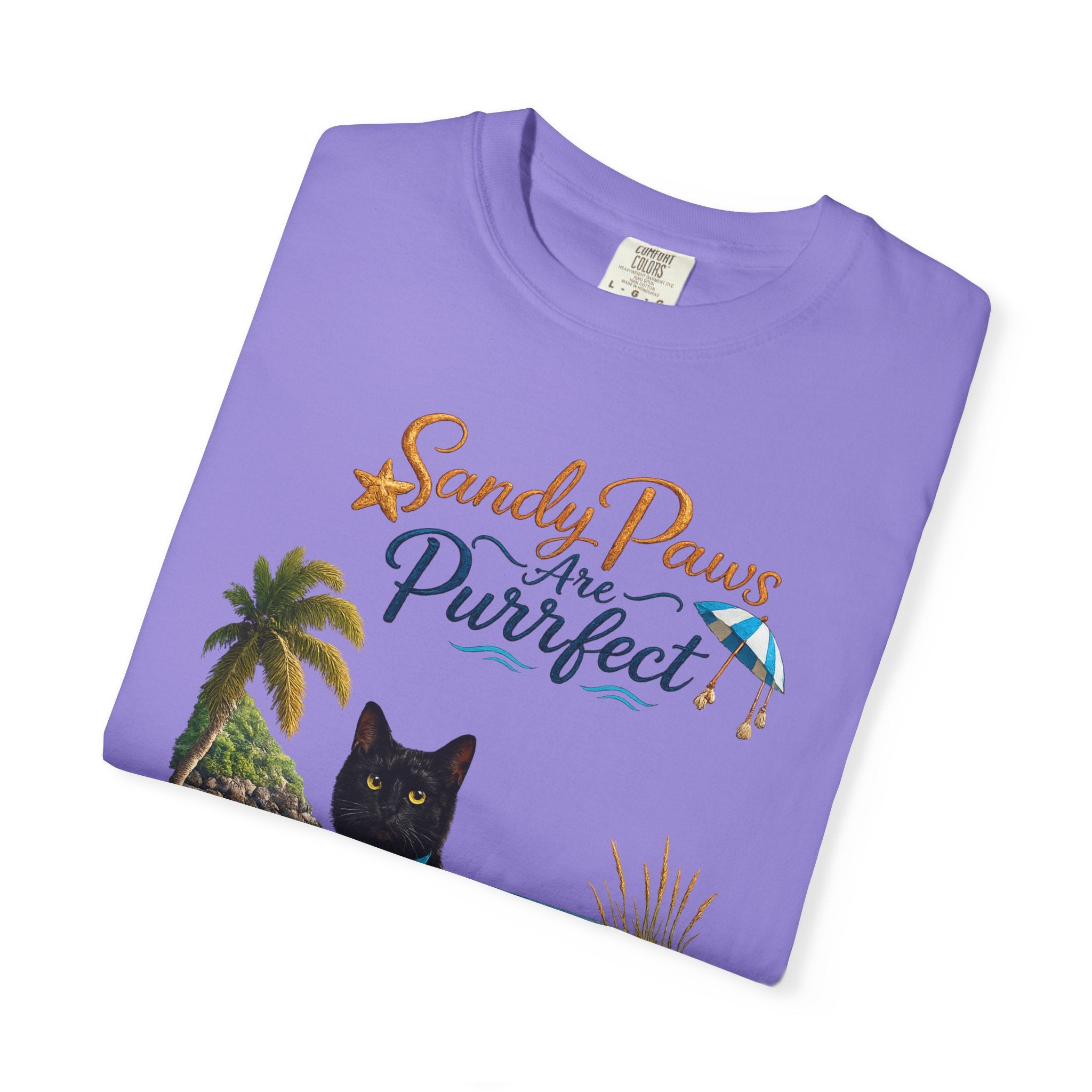 Sandy Paws Are Purrfect - Comfort Colors Unisex Garment Dyed Cat Beach T-Shirt