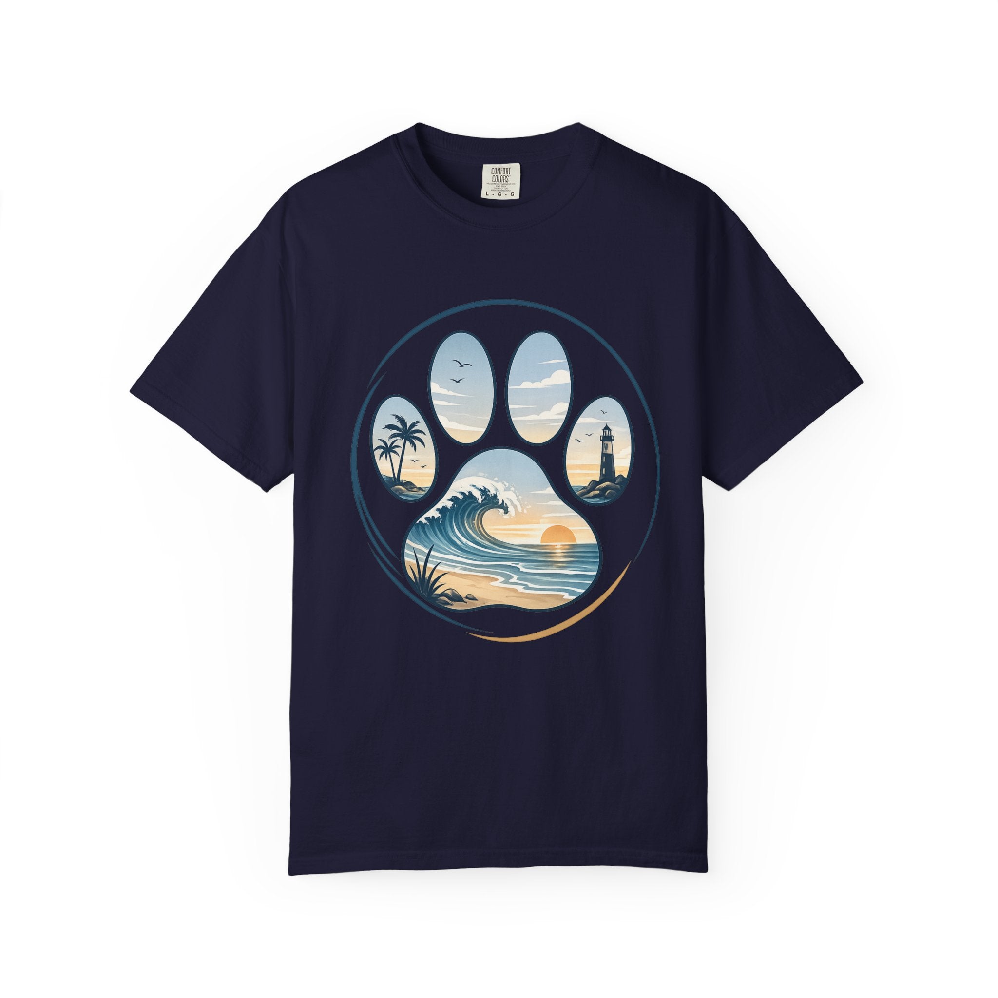 Ocean Paw Surf T-Shirt — Beach Sunset Paw Print Tee