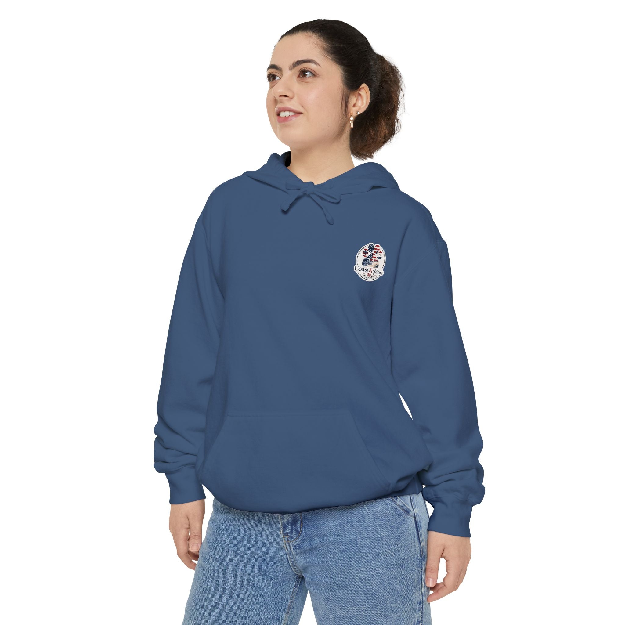 Patriotic Signature Coast & Paws Hoodie — Small Left-Chest Graphic, Cozy Casual Pullover