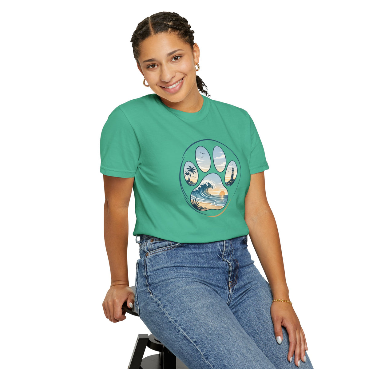 Ocean Paw Surf T-Shirt — Beach Sunset Paw Print Tee