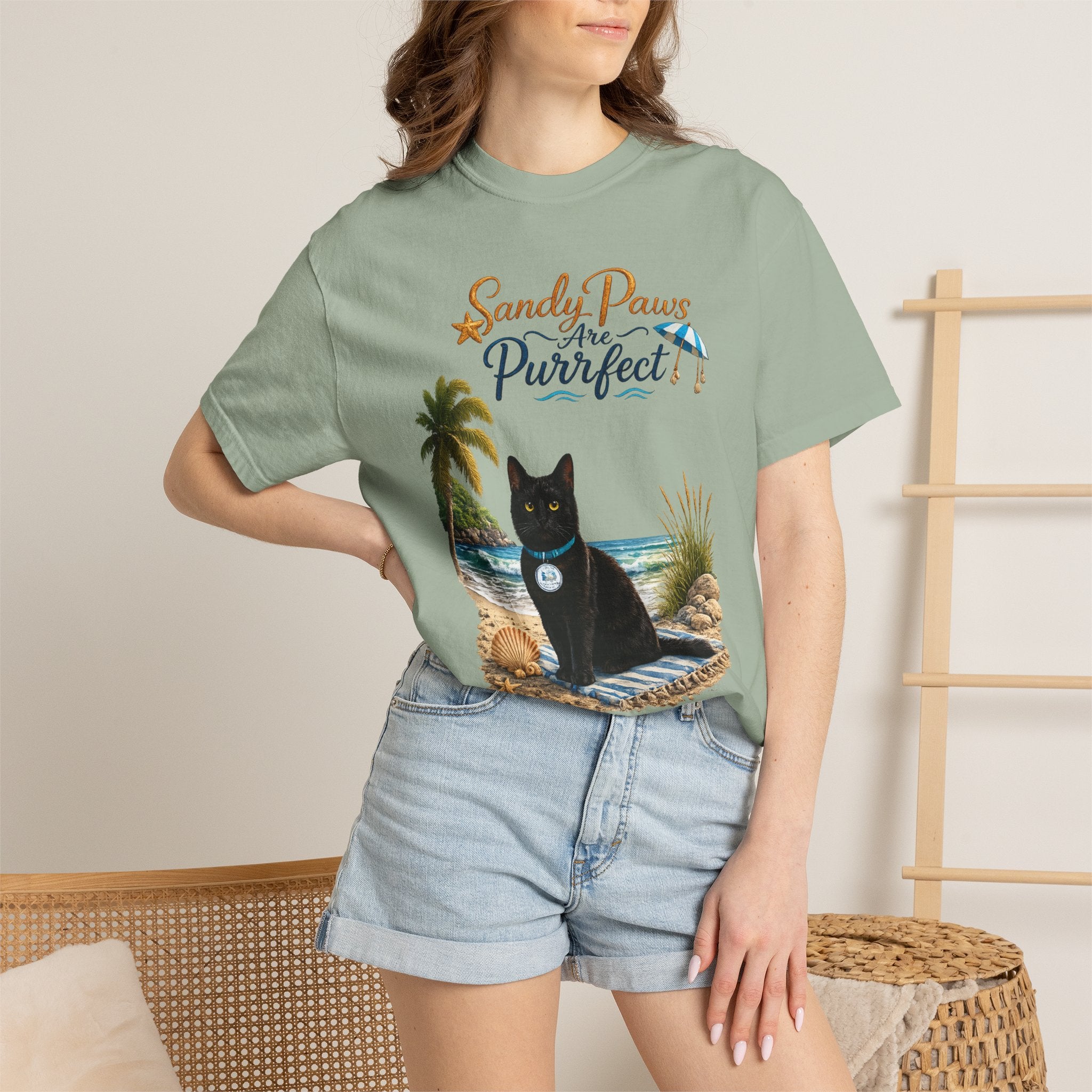Sandy Paws Are Purrfect - Comfort Colors Unisex Garment Dyed Cat Beach T-Shirt
