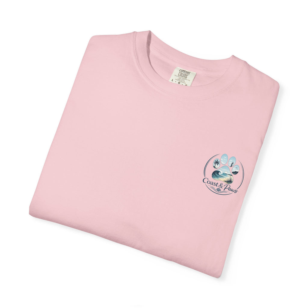 Paws Tides & Good Vibes T-Shirt | Beach Dog Paw Print Coastal Scene