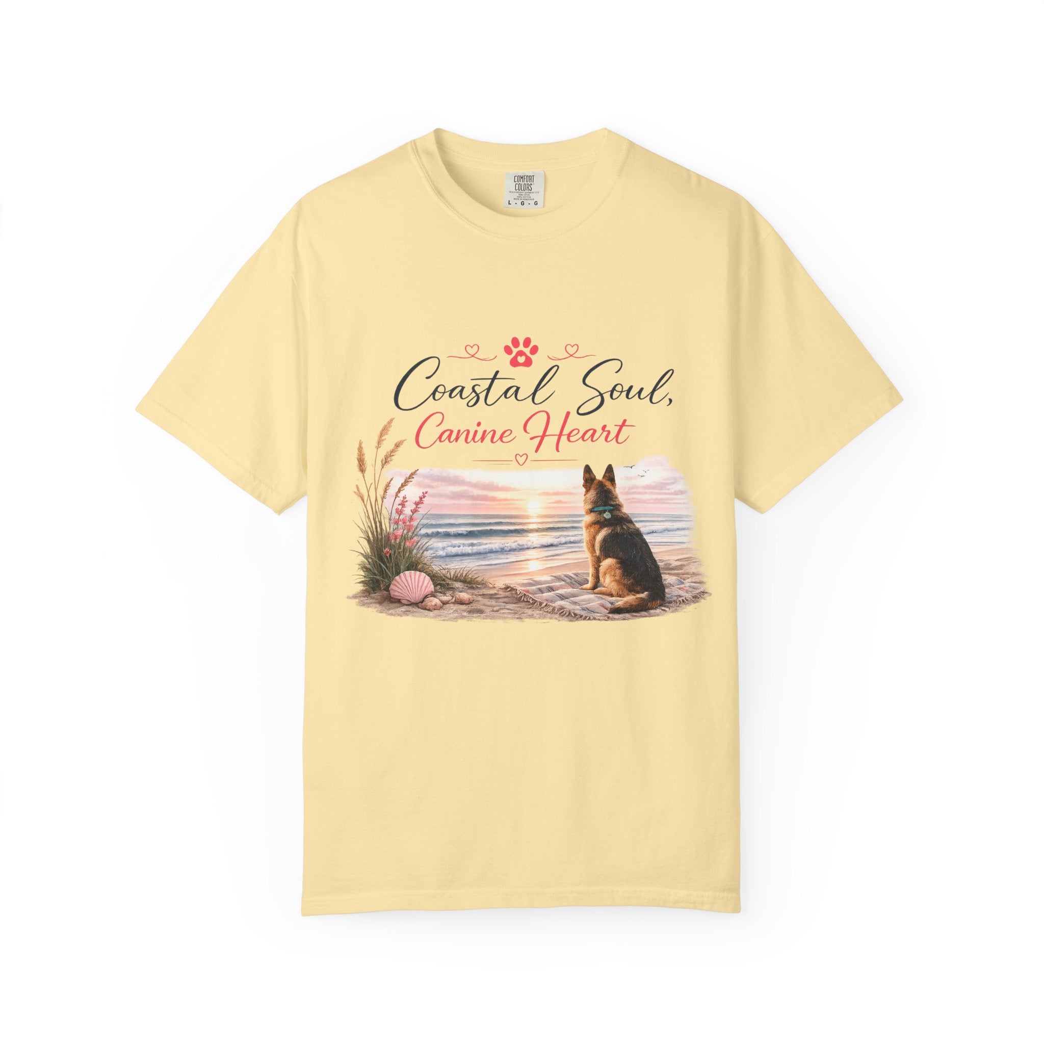 Coastal Soul Canine Heart T-shirt | Beach Dog Sunset Design
