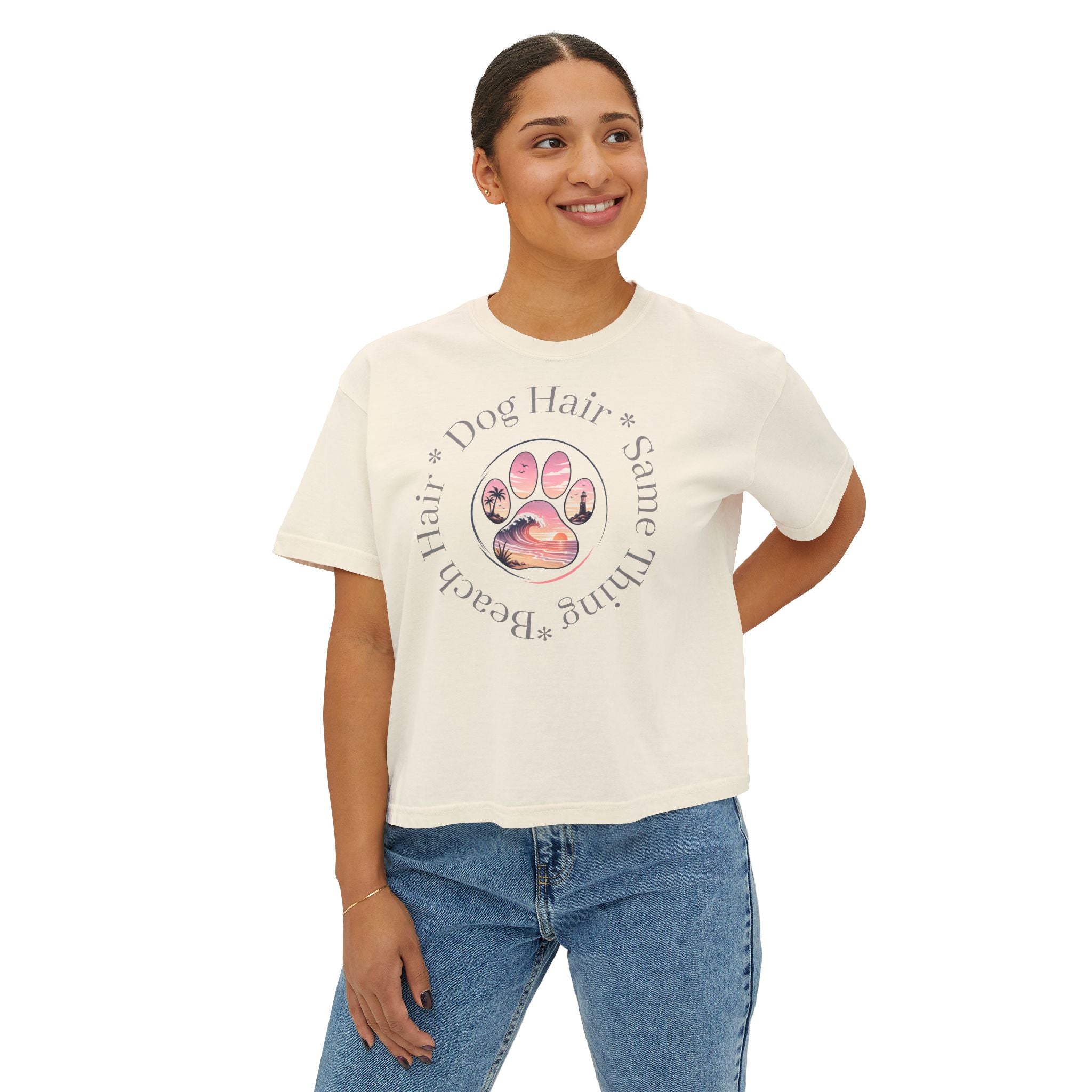 Boxy Tee "Beach Hair, Dog Hair, Same Thing" Paw Graphic