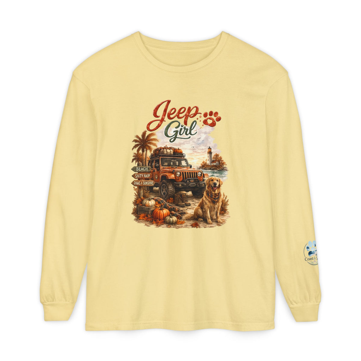 Jeep Girl Long Sleeve Tee — Fall Adventure Pumpkins & Dog Graphic