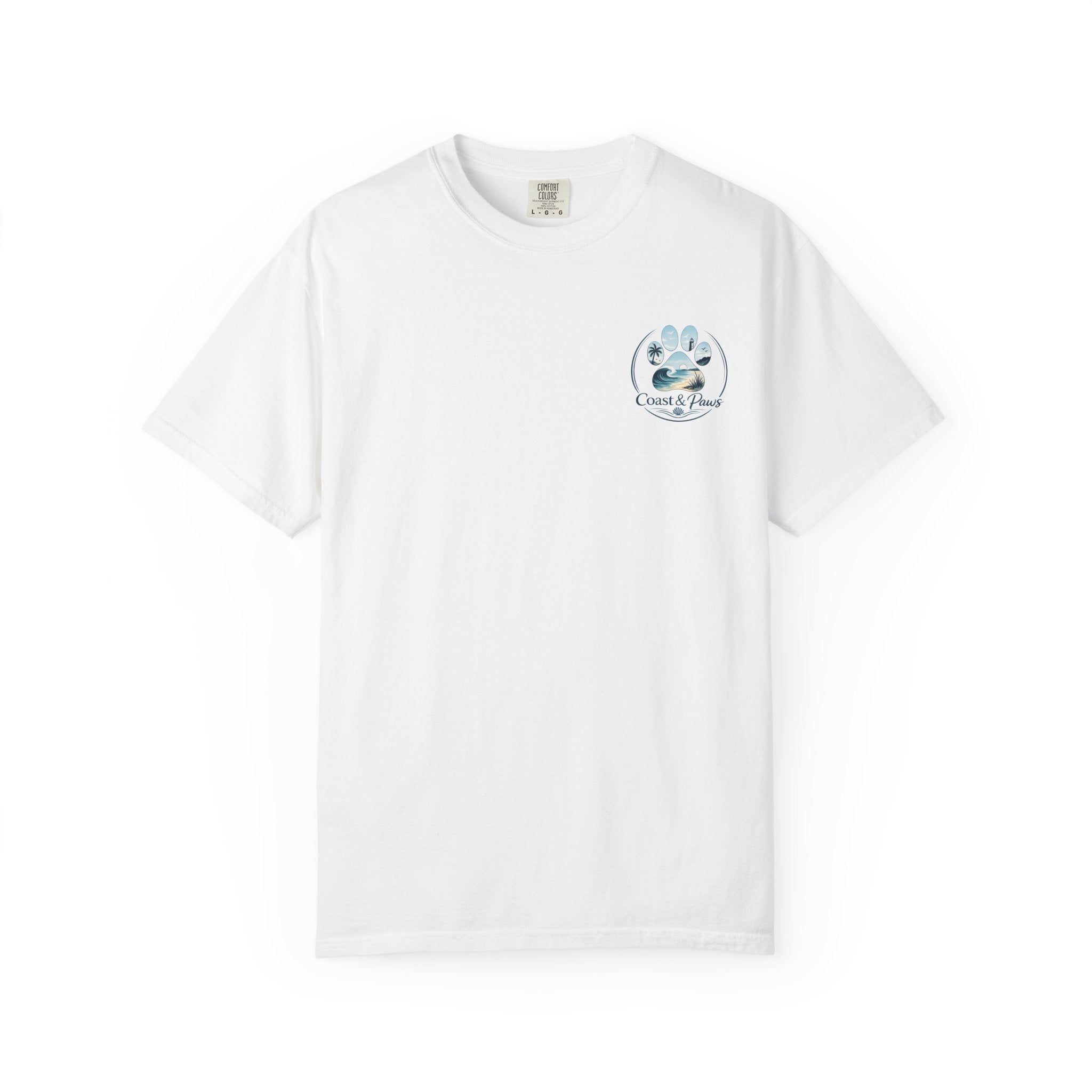 Paws Tides & Good Vibes T-Shirt | Beach Dog Paw Print Coastal Scene