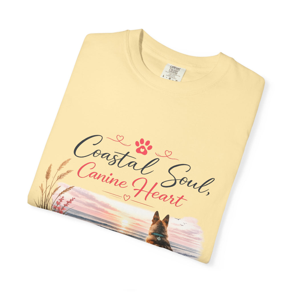 Coastal Soul Canine Heart T-shirt | Beach Dog Sunset Design