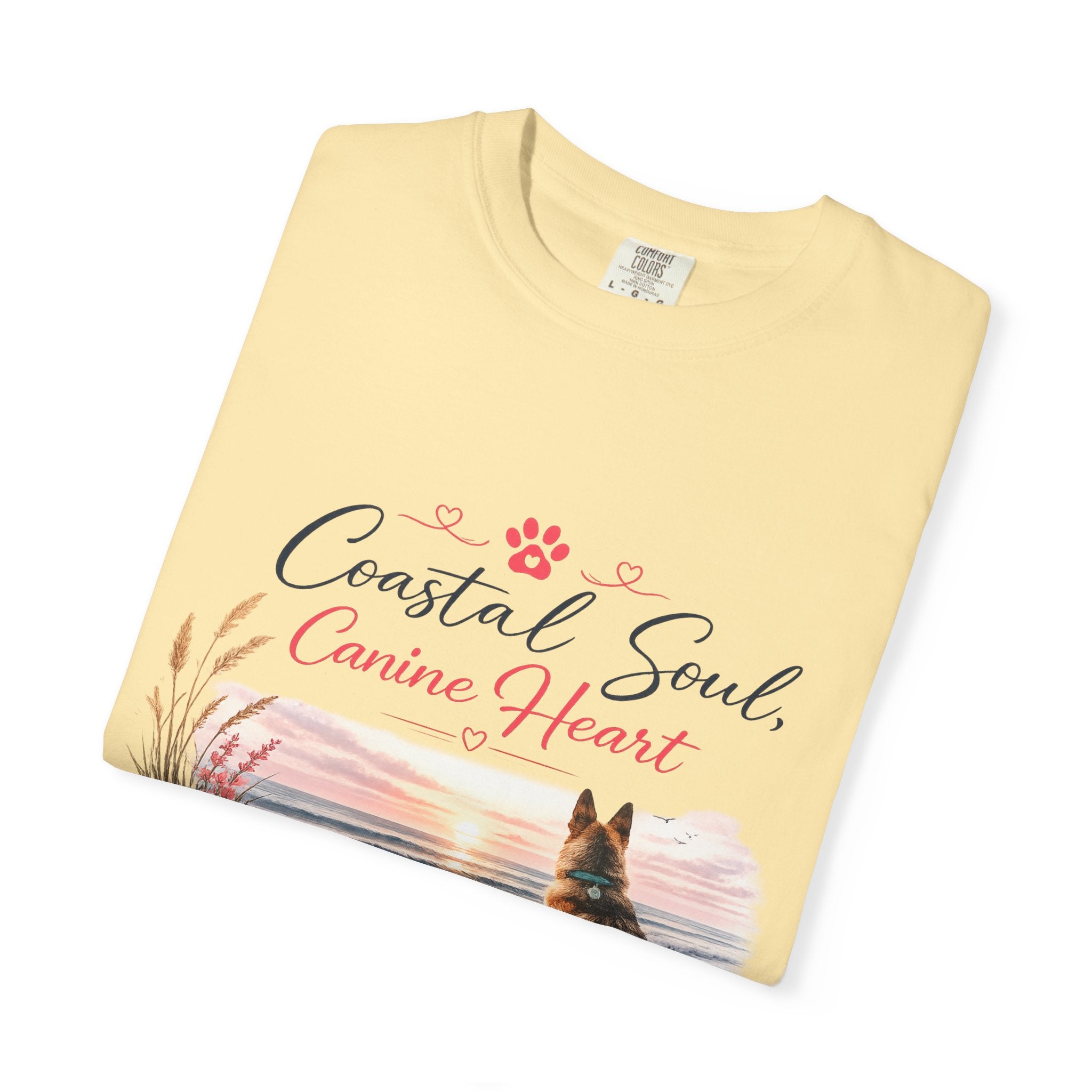Coastal Soul Canine Heart T-shirt | Beach Dog Sunset Design