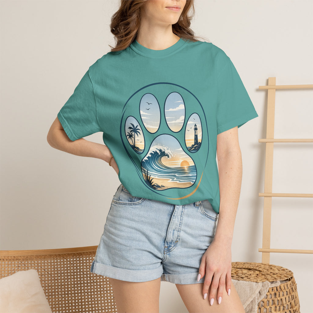 Ocean Paw Surf T-Shirt — Beach Sunset Paw Print Tee