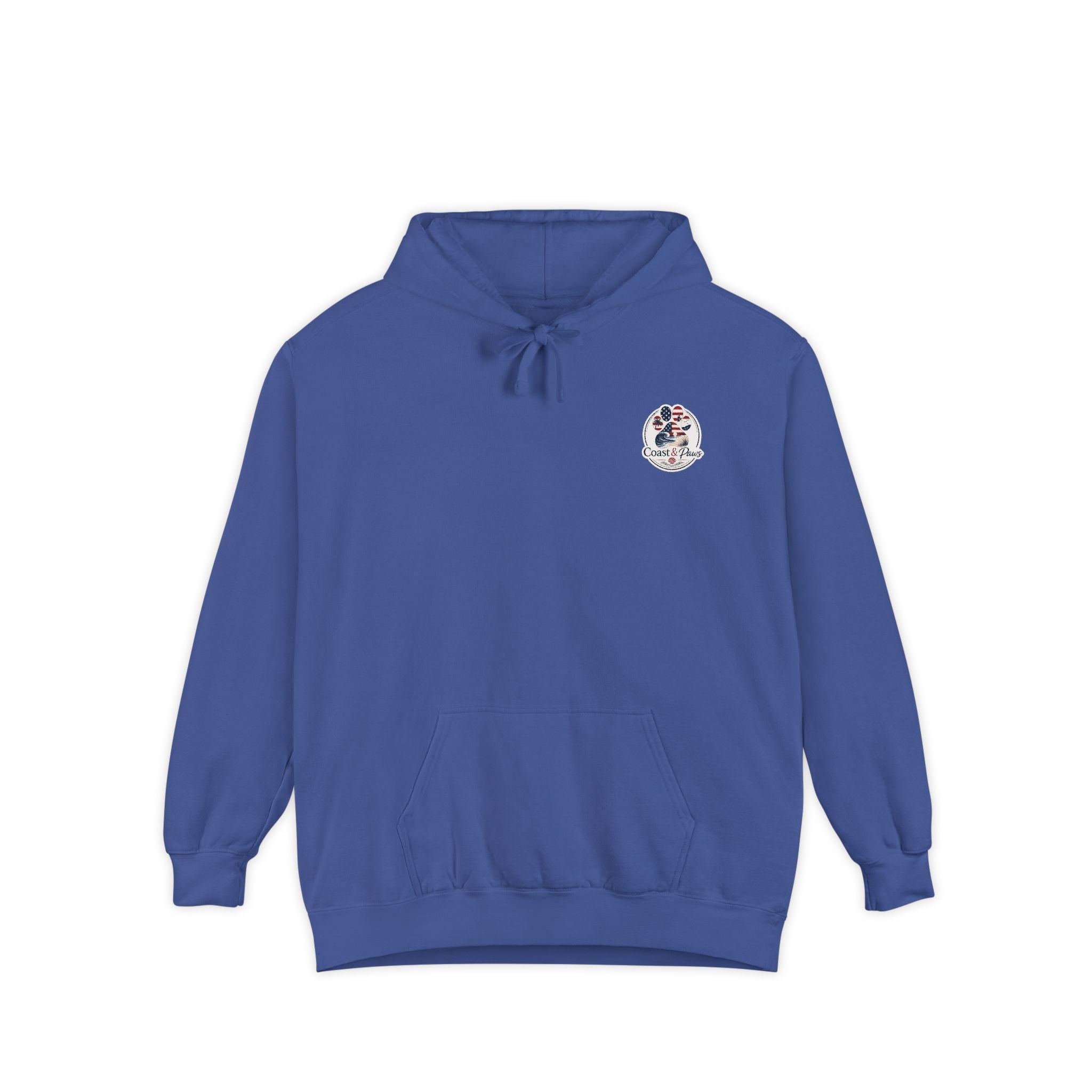 Patriotic Signature Coast & Paws Hoodie — Small Left-Chest Graphic, Cozy Casual Pullover
