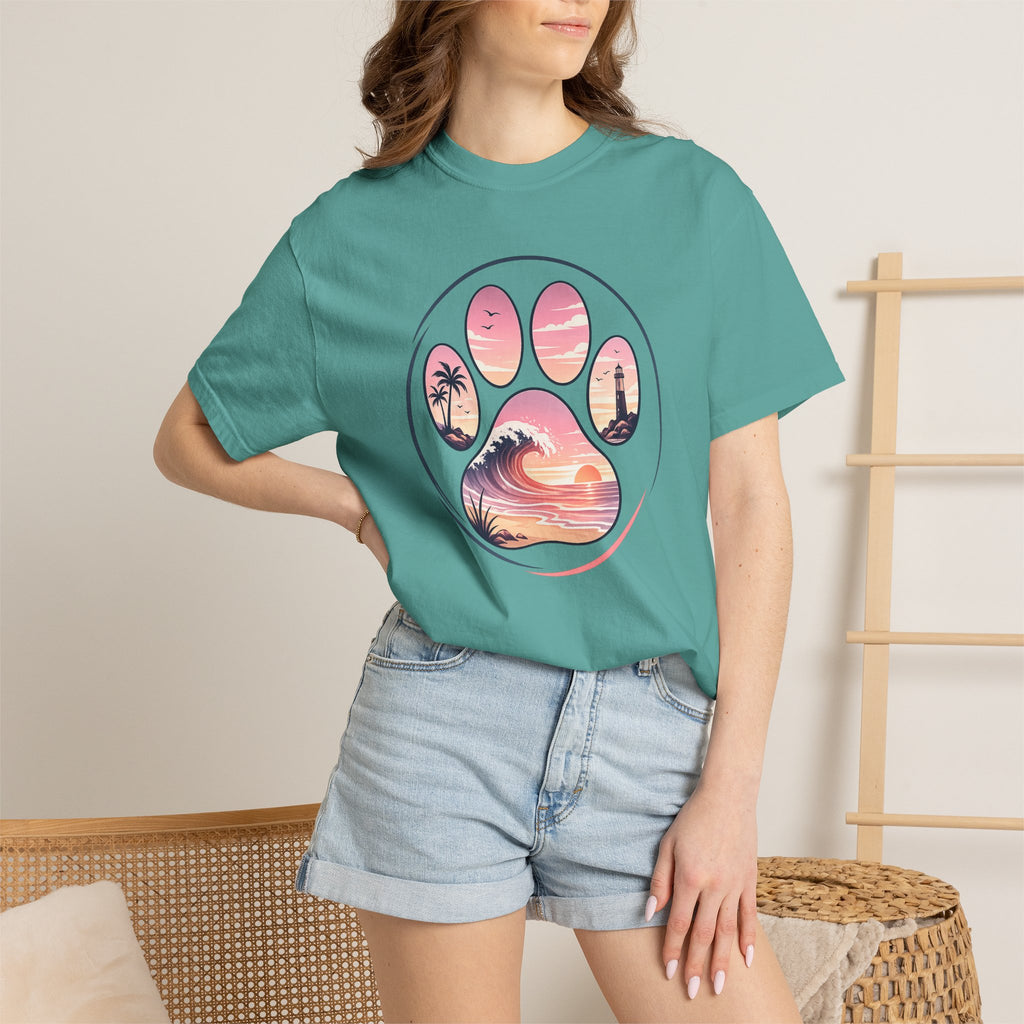 Sunset Paw Tee — Beach Wave Paw Print Unisex Comfort Colors T-Shirt