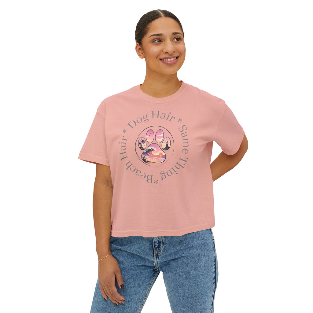 Boxy Tee "Beach Hair, Dog Hair, Same Thing" Paw Graphic